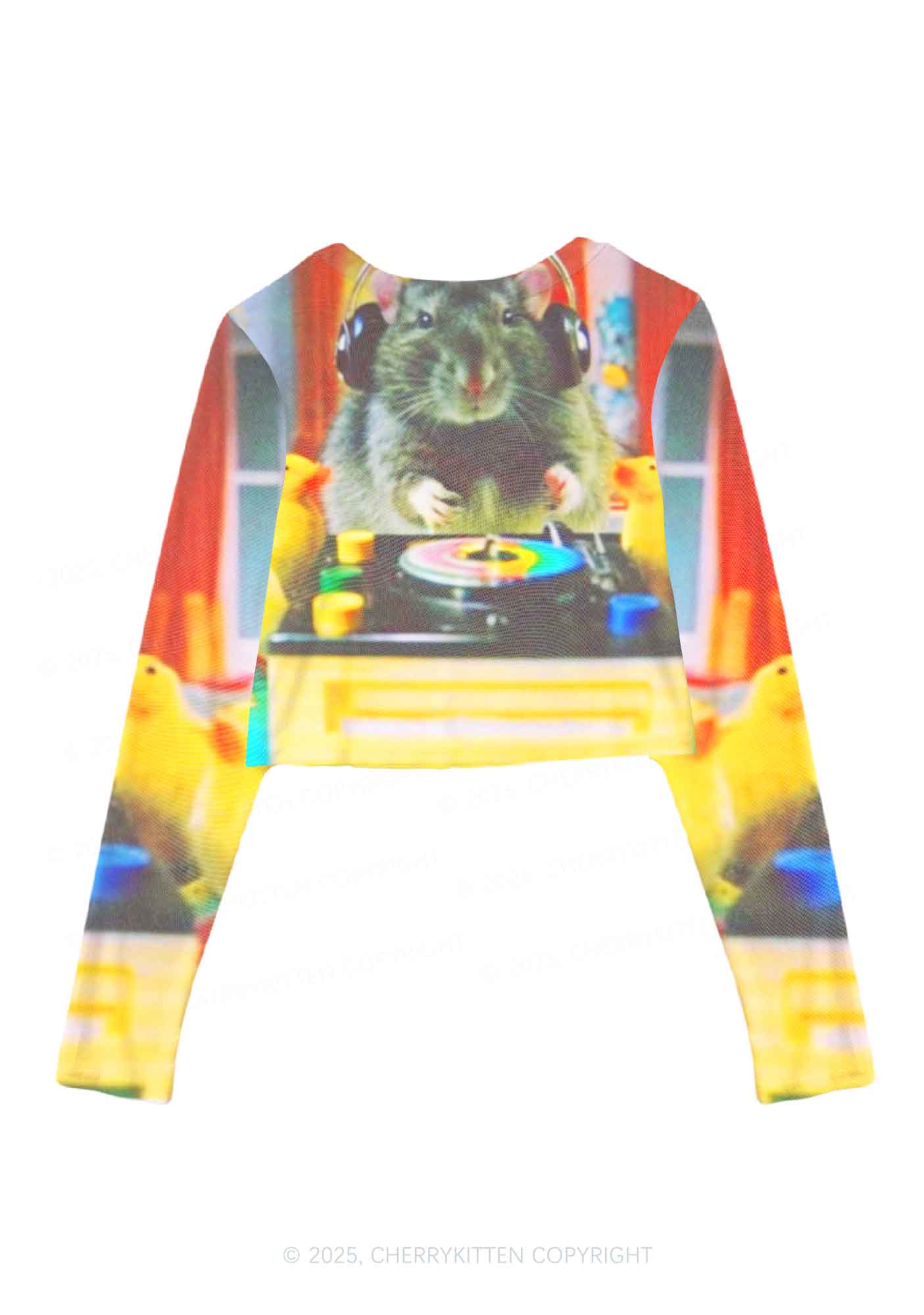 DJ Rat Duck Y2K Mesh Long Sleeve Crop Top Cherrykitten