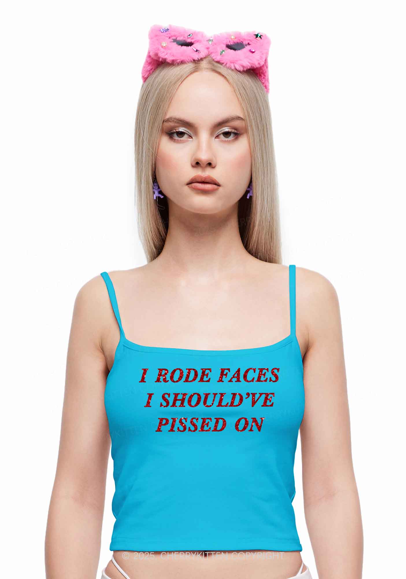 Glitter I Rode Faces Y2K Spaghetti Strap Cami Cherrykitten