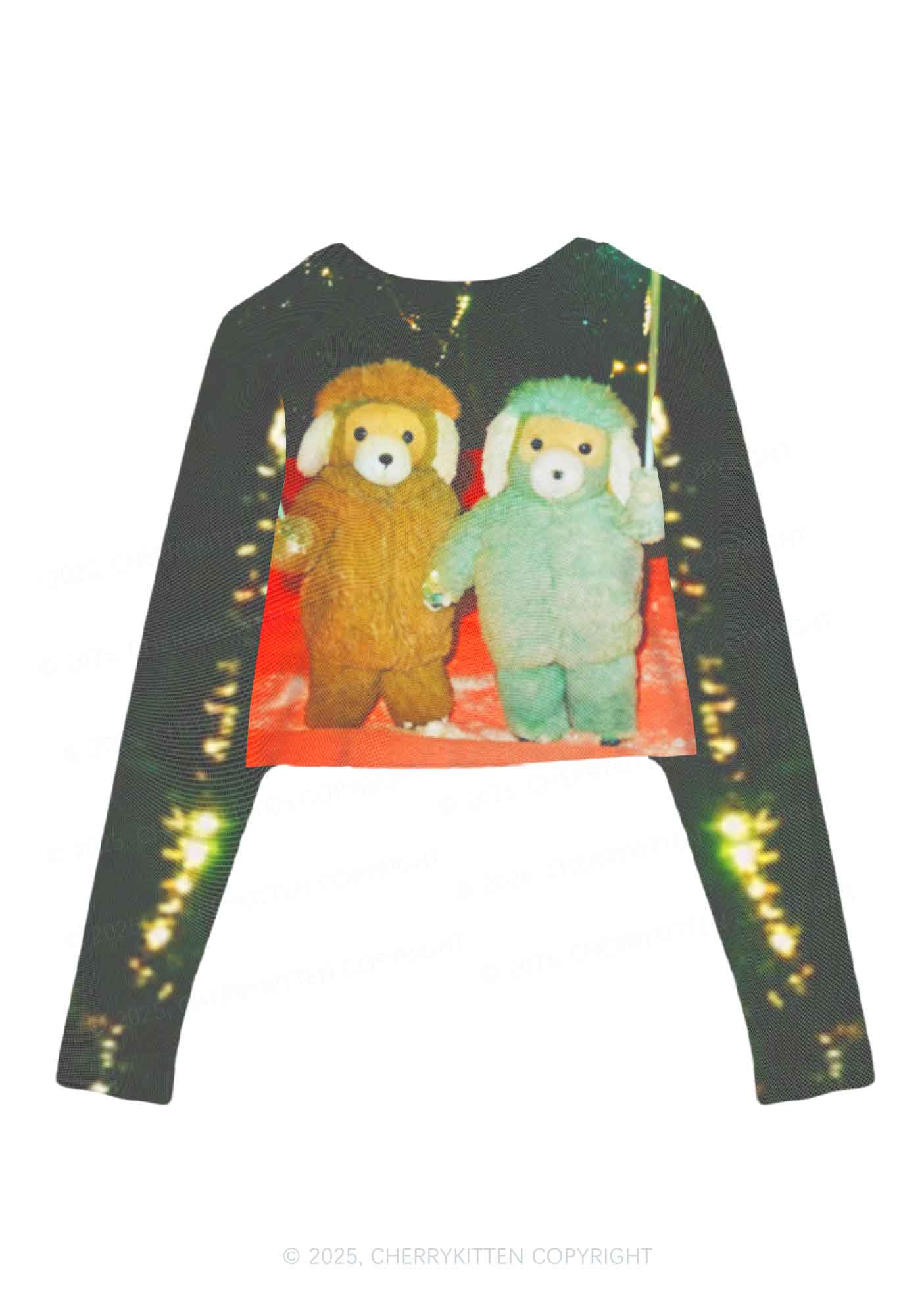 Bear Friends Y2K Mesh Long Sleeve Crop Top Cherrykitten