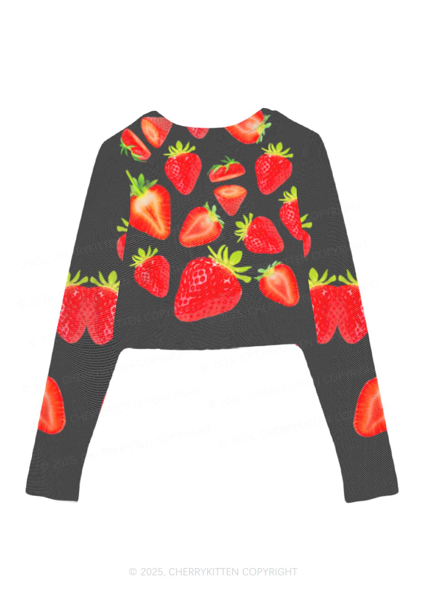 Black Strawberry Y2K Mesh Long Sleeve Crop Top Cherrykitten