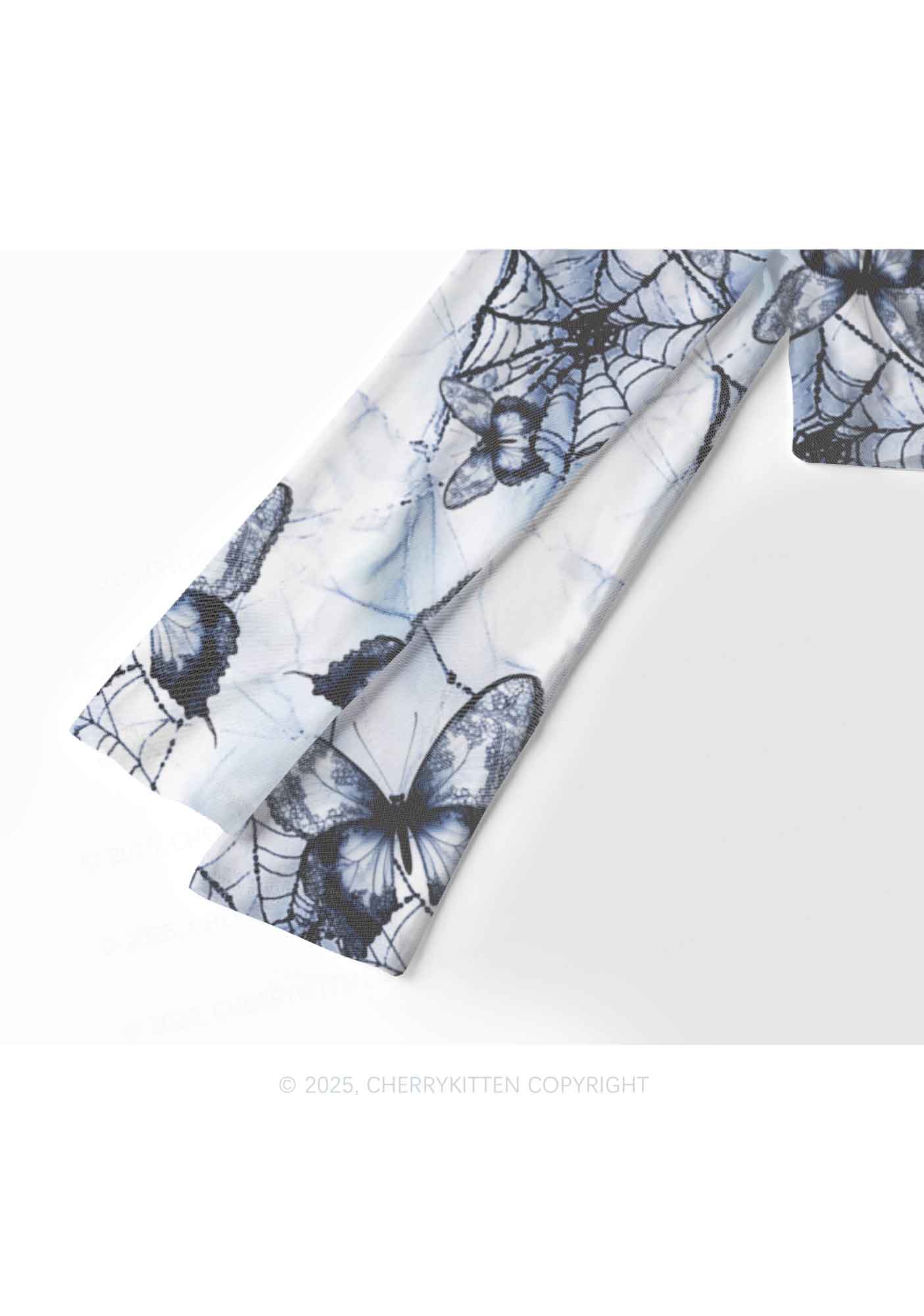 Web And Butterflies Y2K Mesh Long Sleeve Crop Top Cherrykitten