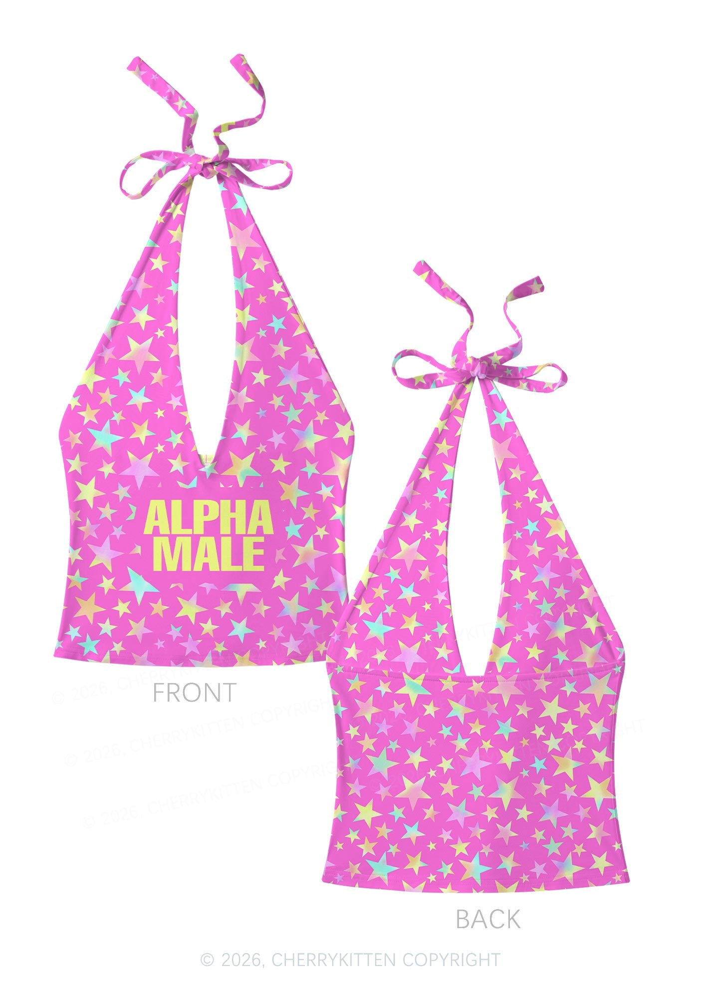 Hot Pink Alpha Male Pride Y2K Print Halter Deep V Neck Cami Cherrykitten
