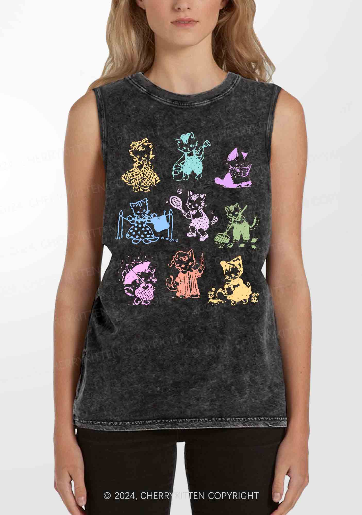 Tattoo Cat Y2K Washed Tank Cherrykitten