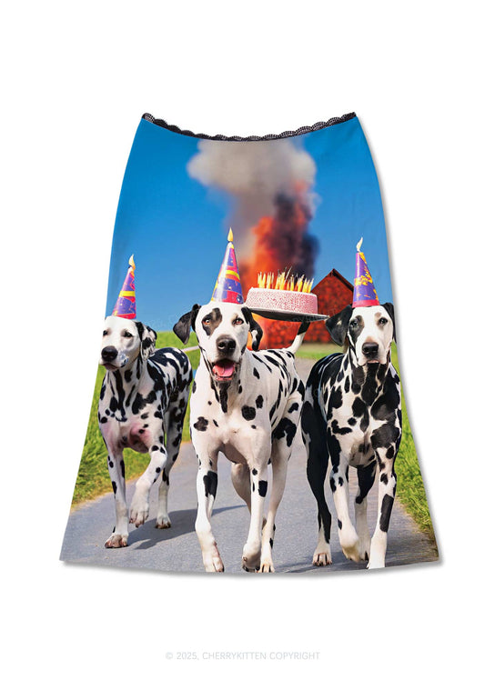 Dogs Birthday Party Y2K Print Midi Skirt Cherrykitten