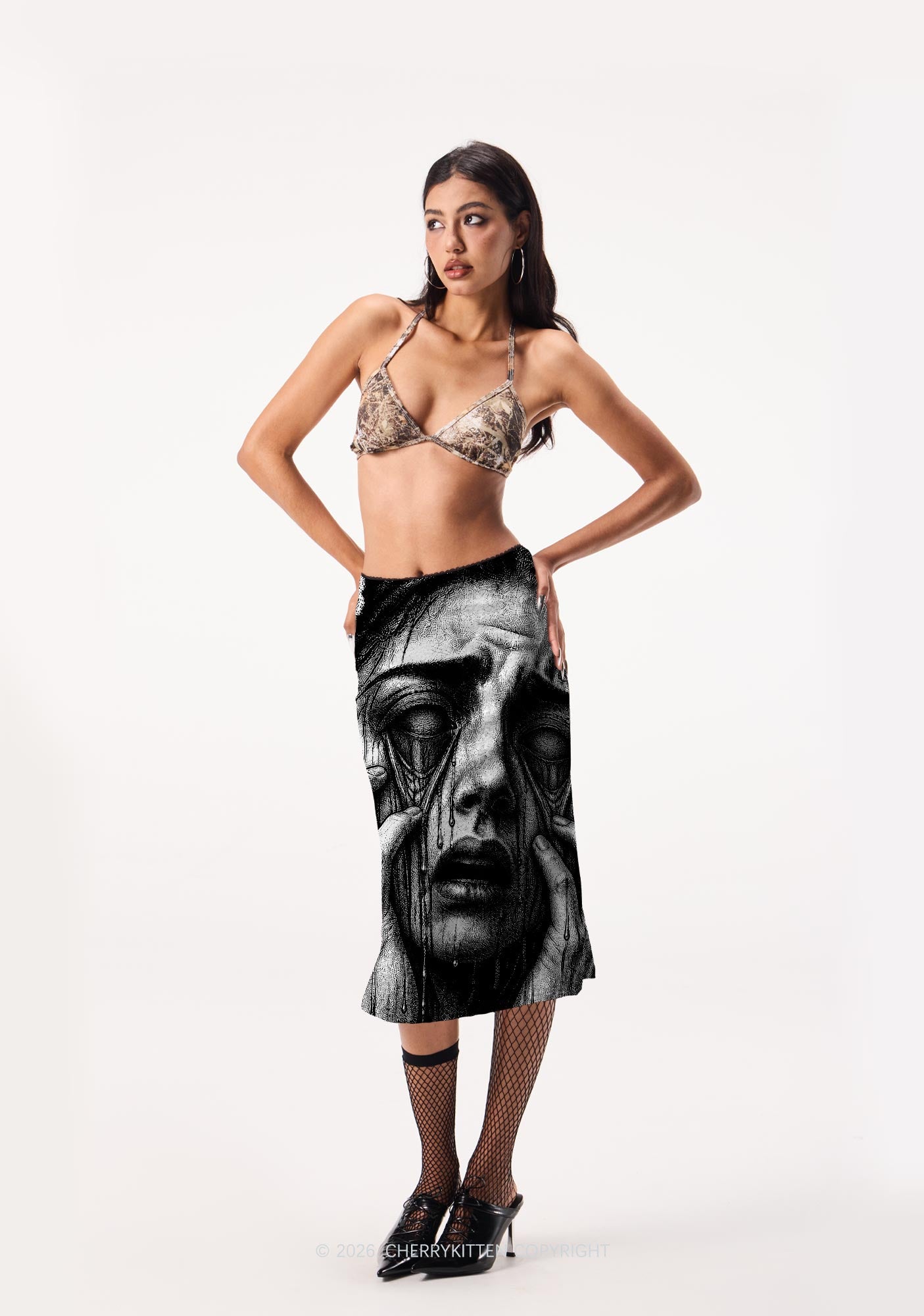 Halloween Veiled Crying Woman Y2K Print Midi Skirt Cherrykitten