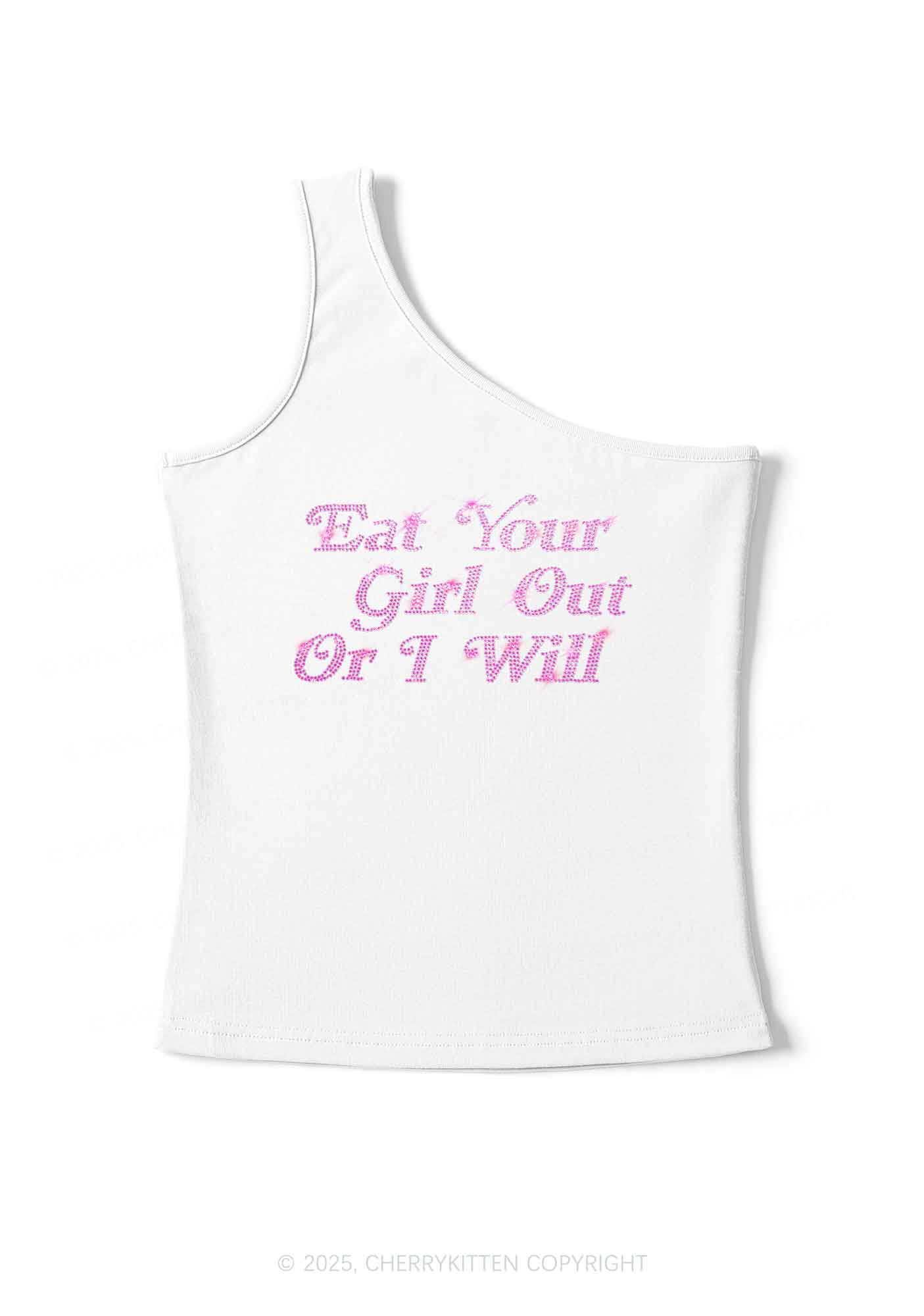 Rhinestone Eat Your Girl Out Y2K One Shoulder Tank Top Cherrykitten