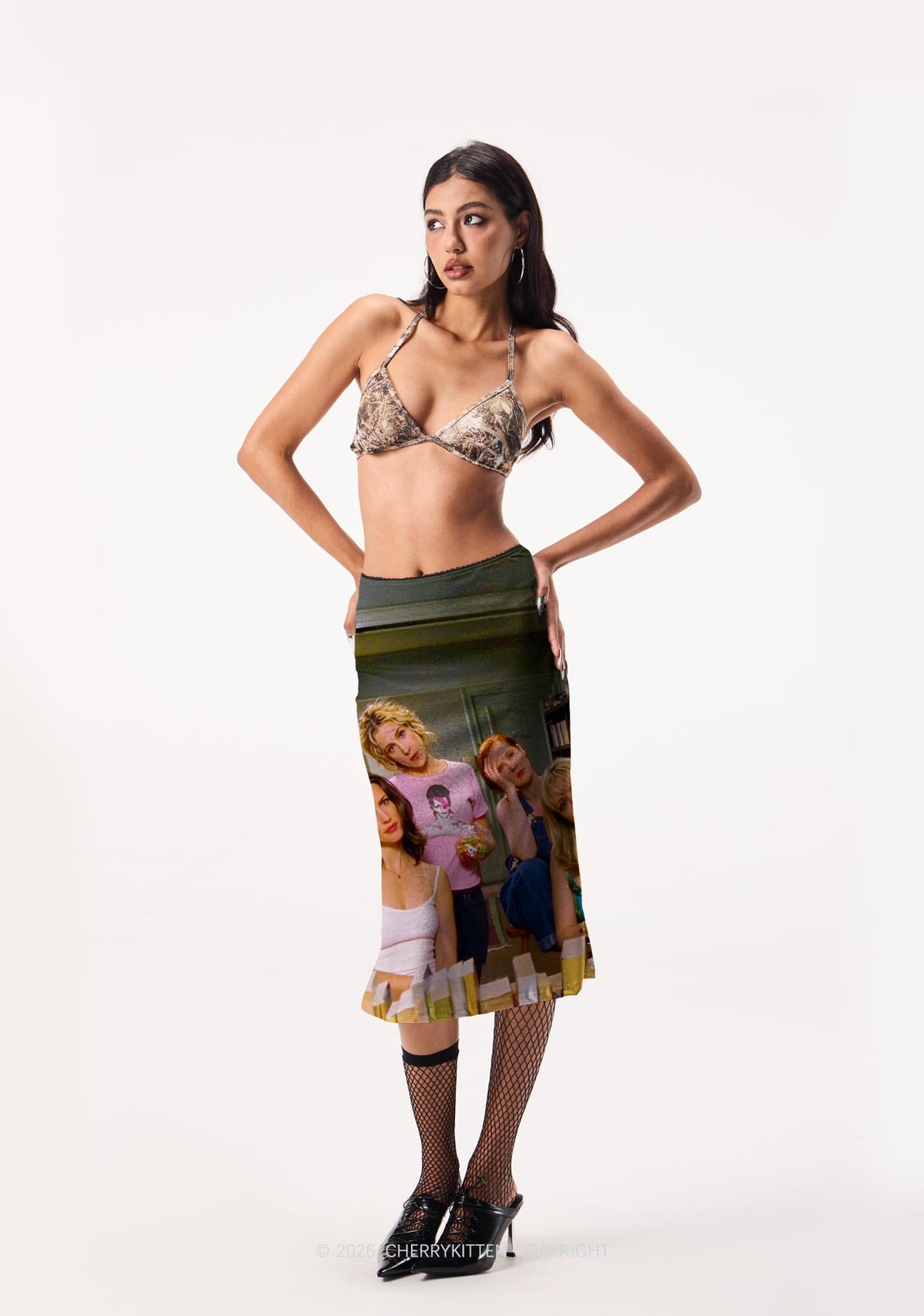 Girl Puzzled Y2K Print Midi Skirt Cherrykitten