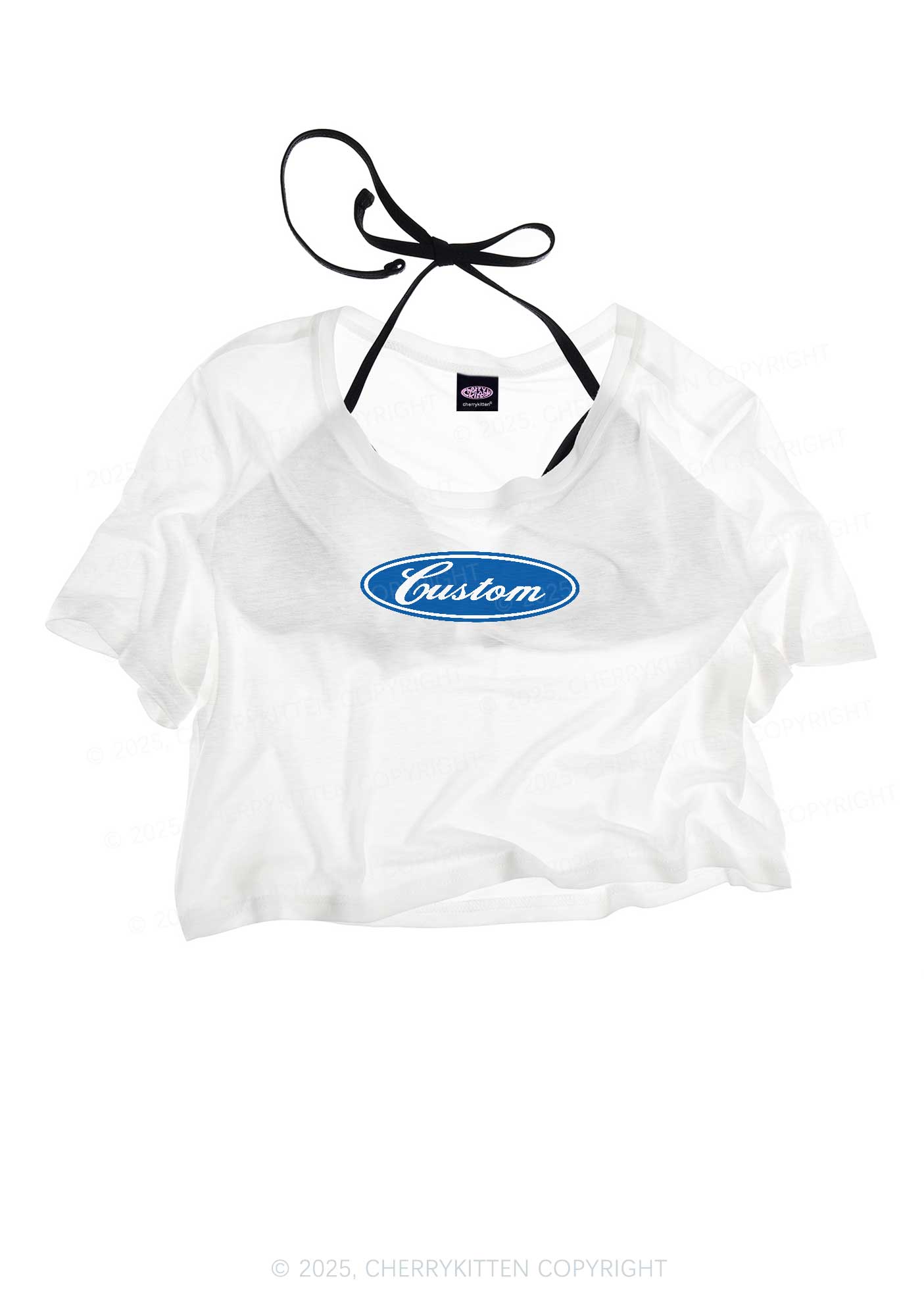 Oval Custom Text Y2K Sheer Crop Tee Cherrykitten
