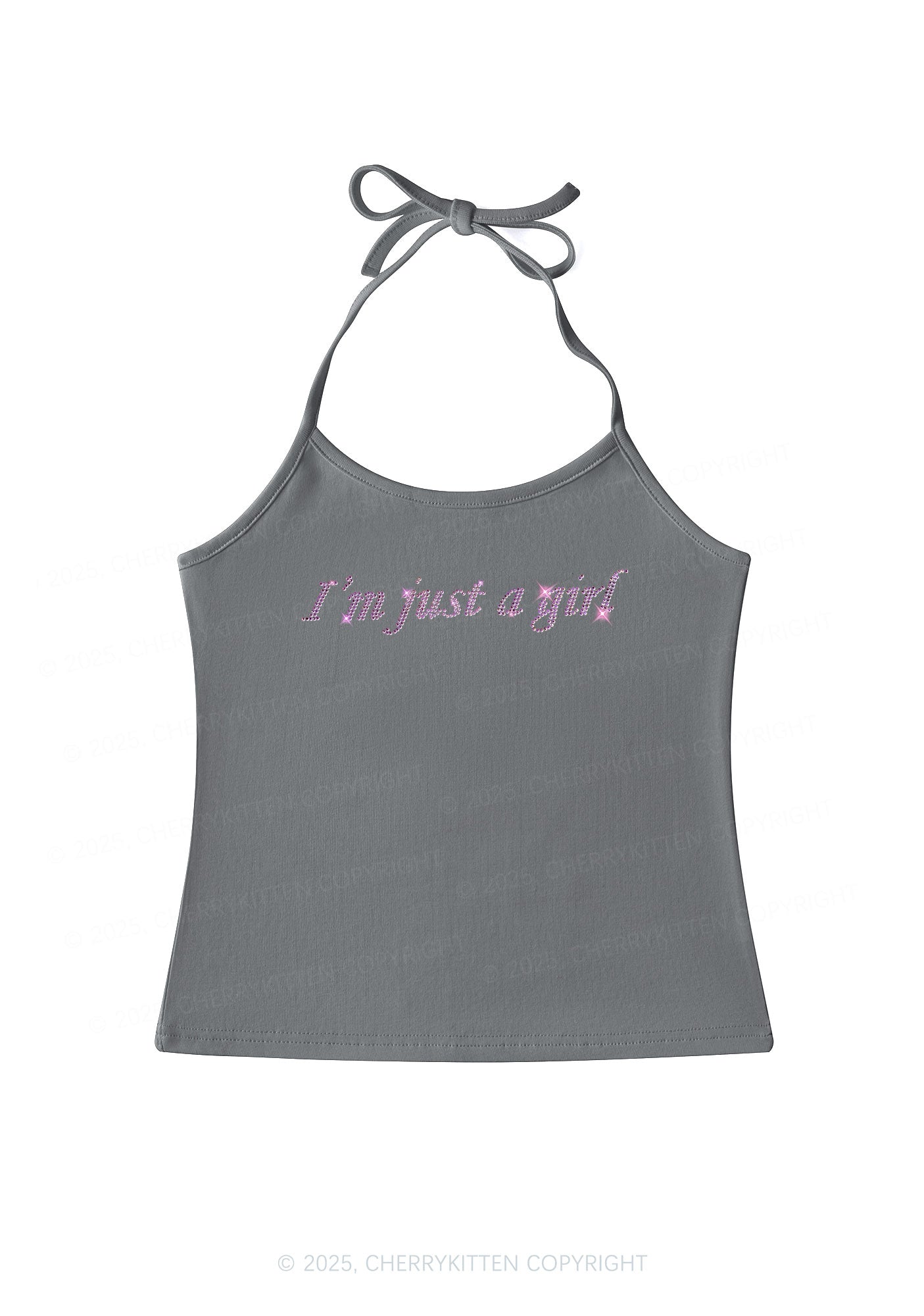 Rhinestone Just A Girl Y2K Halter Neck Cami Cherrykitten