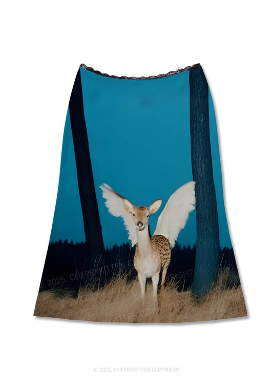 Winged Deer Y2K Print Midi Skirt Cherrykitten