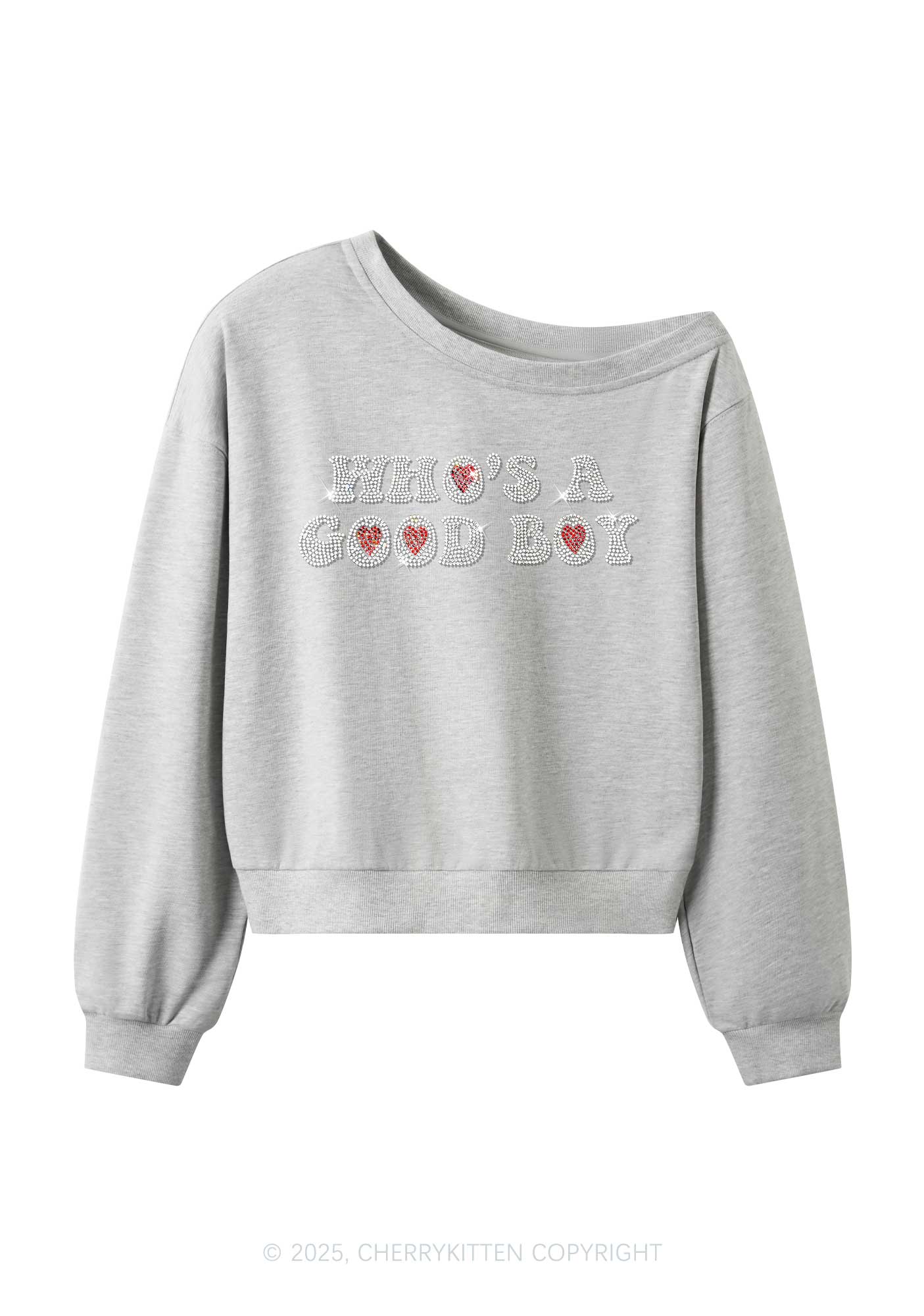 Rhinestone Whos A Good Boy Y2K Off Shoulder Sweatshirts Cherrykitten
