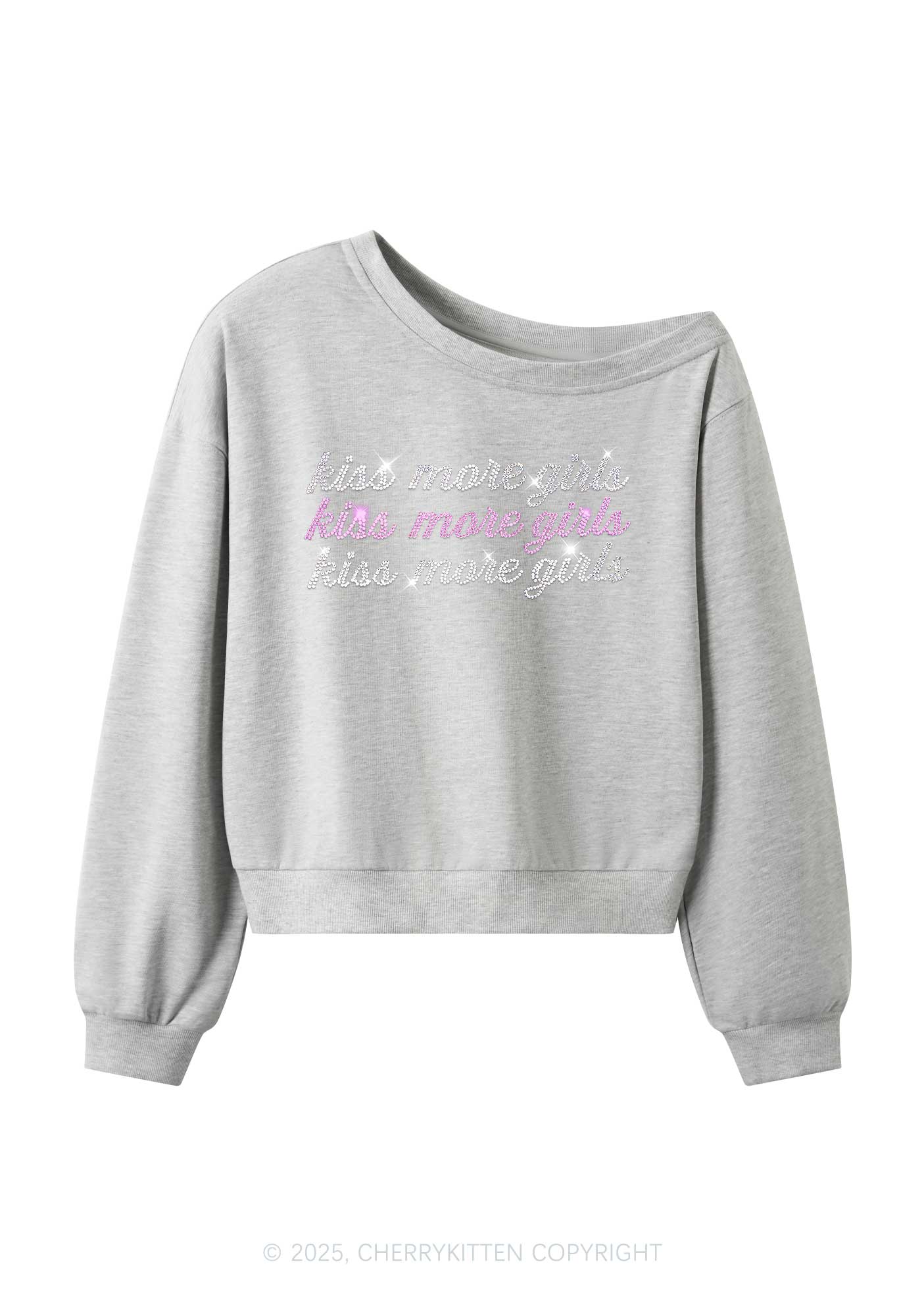 Rhinestone Kiss More Girls Pride Y2K Off Shoulder Sweatshirts Cherrykitten