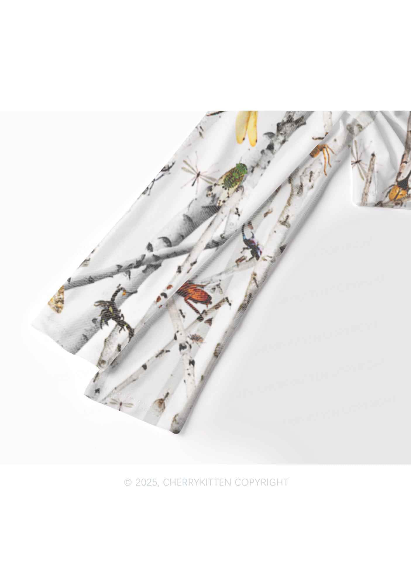 Insects On Birch Y2K Mesh Long Sleeve Crop Top Cherrykitten