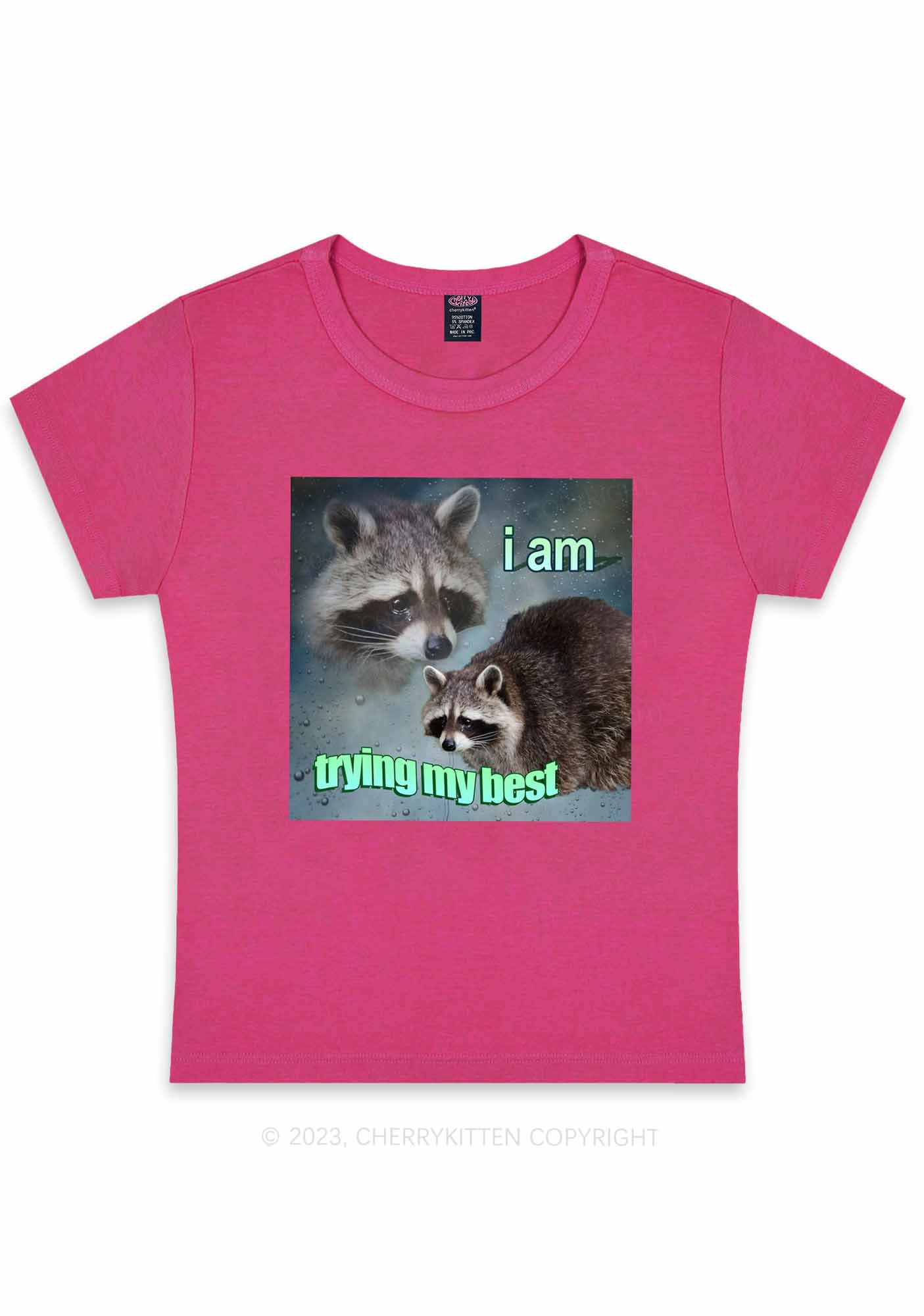 Curvy I Am Trying My Best Raccoon Y2K Baby Tee Cherrykitten