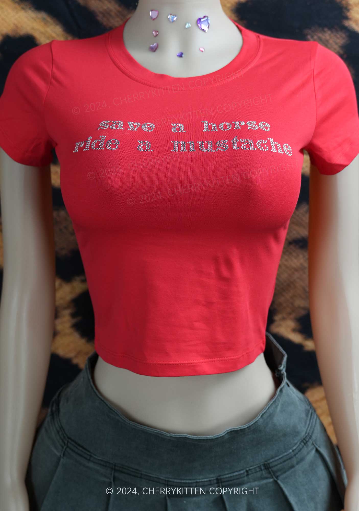 Rhinestone Ride A Mustache Y2K Baby Tee Cherrykitten