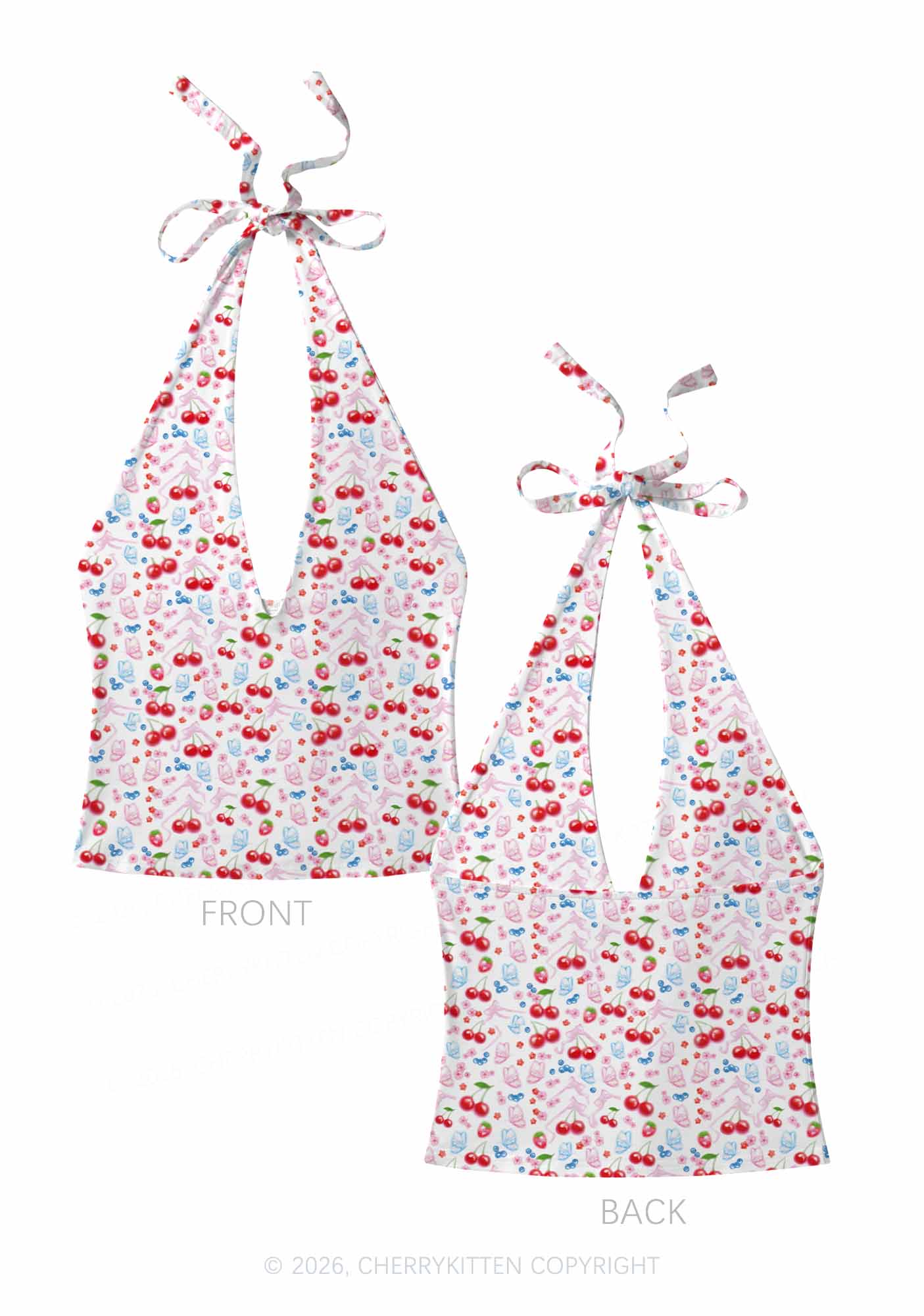 White Cherry Pie Y2K Print Halter Deep V Neck Cami Cherrykitten