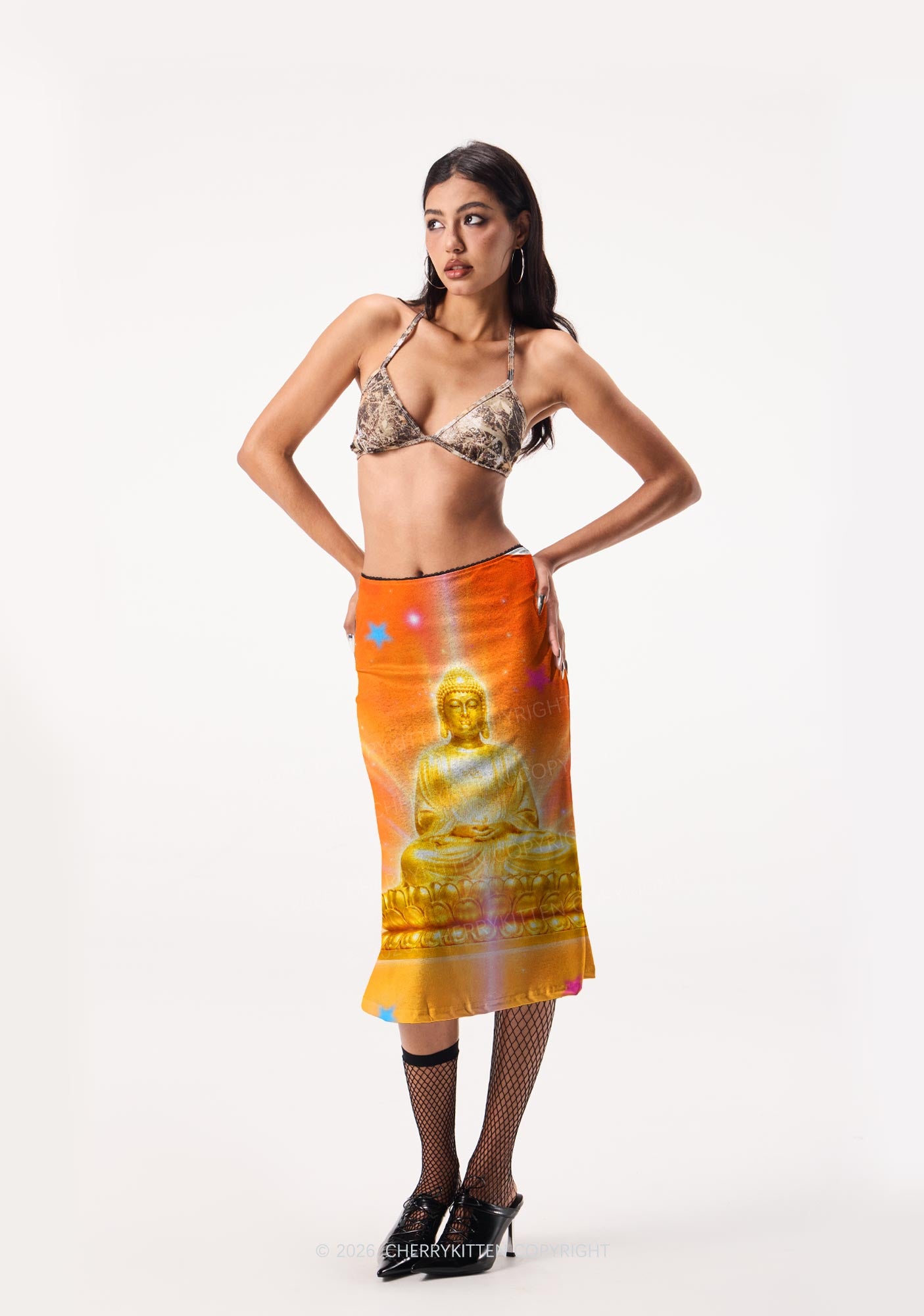 Golden Buddha Y2K Print Midi Skirt Cherrykitten