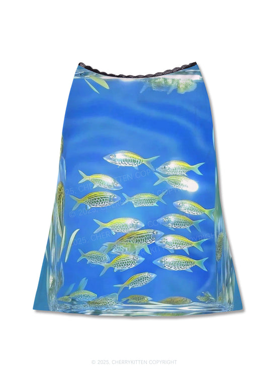 Undersea Fish Y2K Print Midi Skirt Cherrykitten