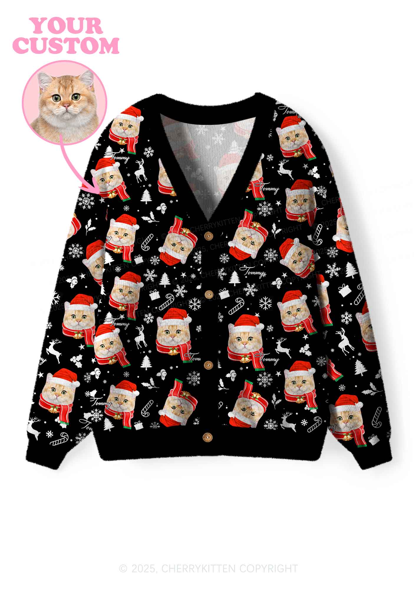 Custom Cat Face Y2K Christmas Cardigan Knit Sweatshirt Cherrykitten