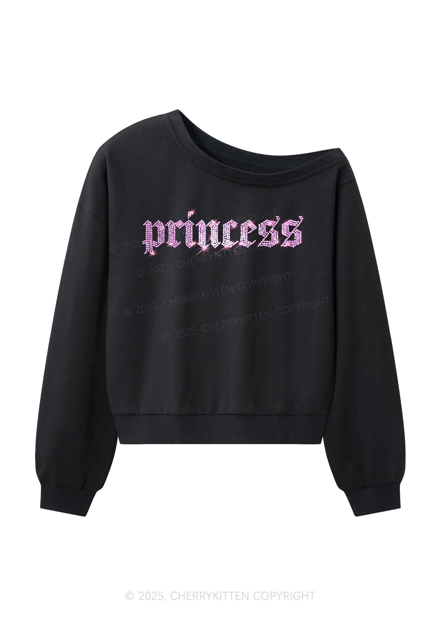 Rhinestone Princess Y2K Off Shoulder Sweatshirts Cherrykitten