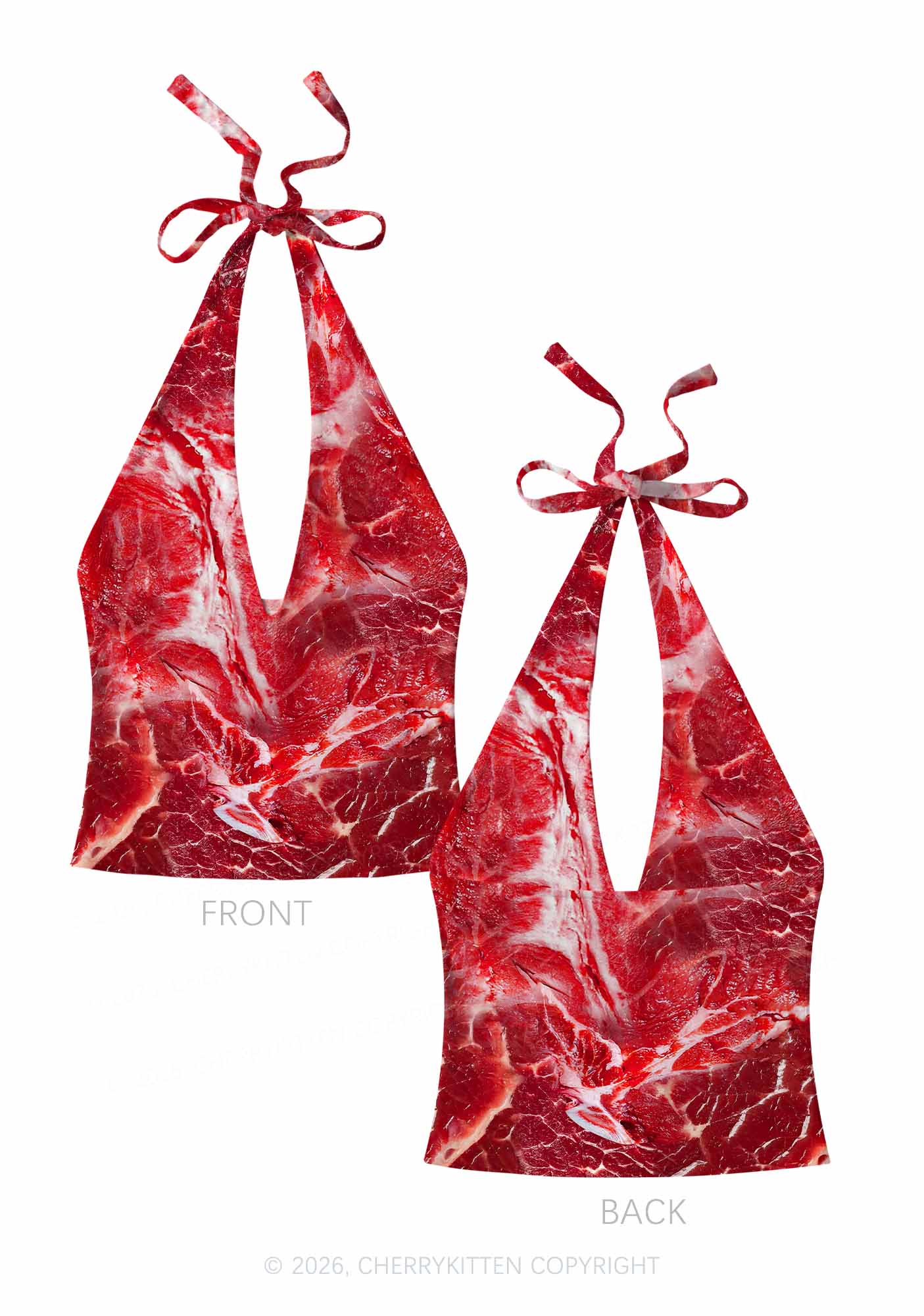 Beef Steak Texture Y2K Print Halter Deep V Neck Cami Cherrykitten