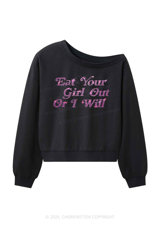 Rhinestone Eat Your Girl Out Y2K Off Shoulder Sweatshirts Cherrykitten