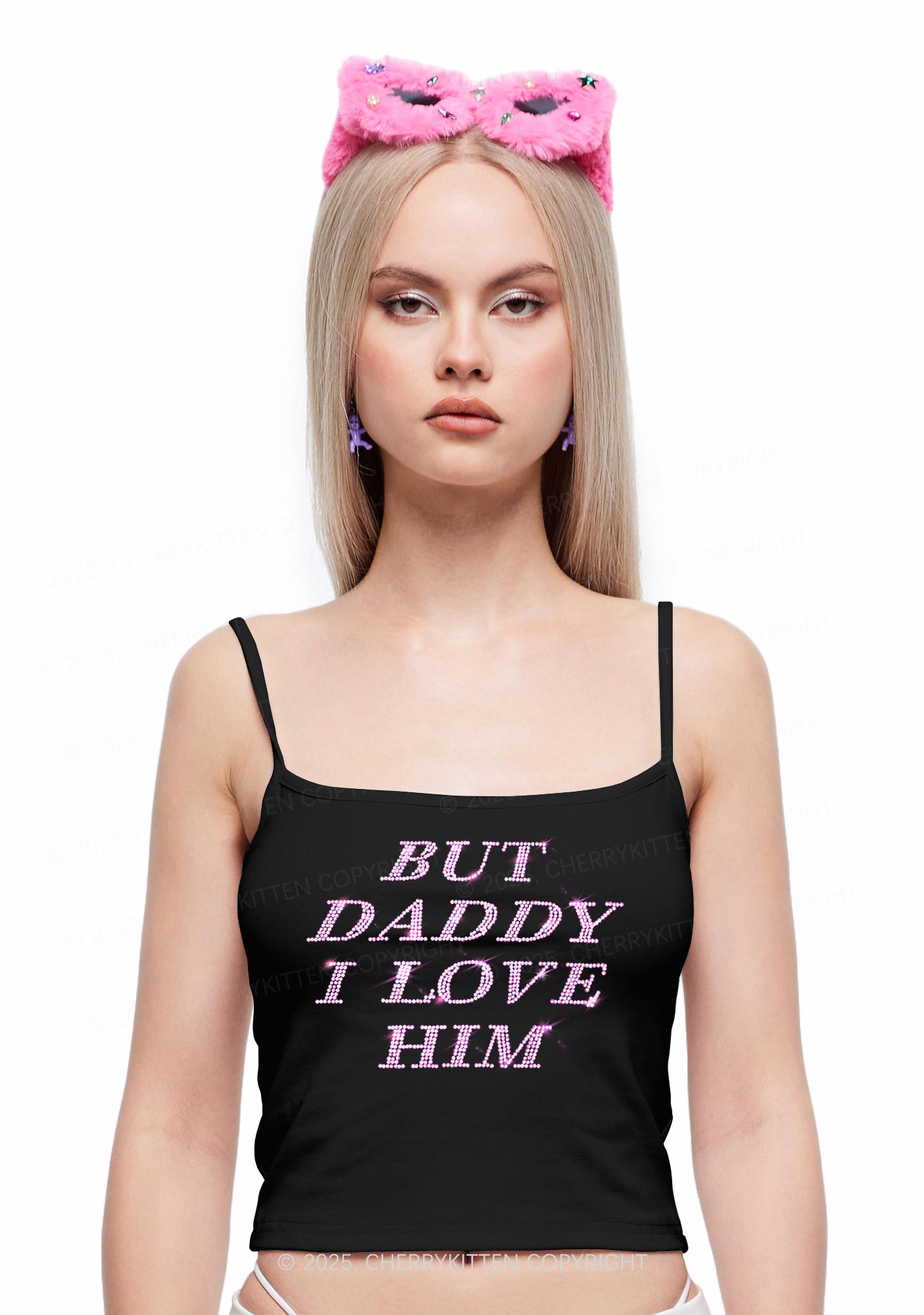 Rhinestone But Daddy I Love Him Y2K Spaghetti Strap Cami Cherrykitten