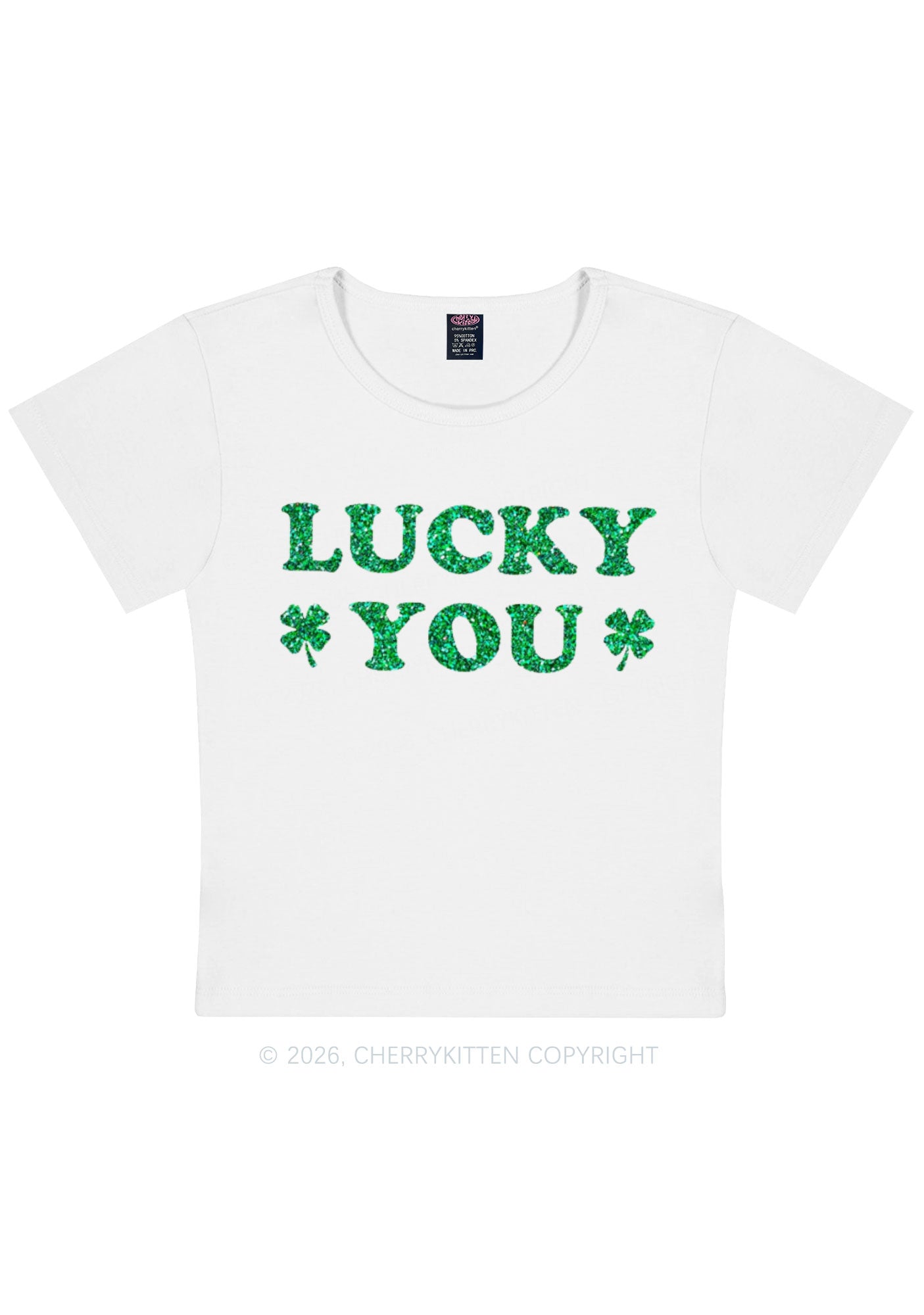 Glitter Lucky Green St Patricks Y2K Baby Tee Cherrykitten