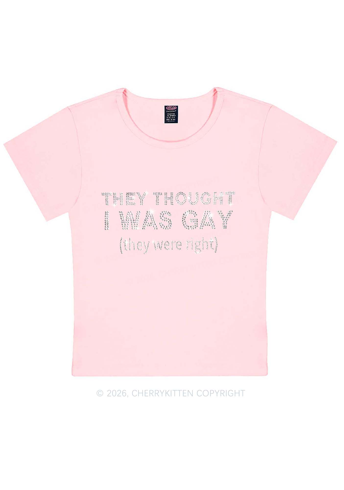 Rhinestone They Thought I Was Gay Pride Y2K Baby Tee Cherrykitten