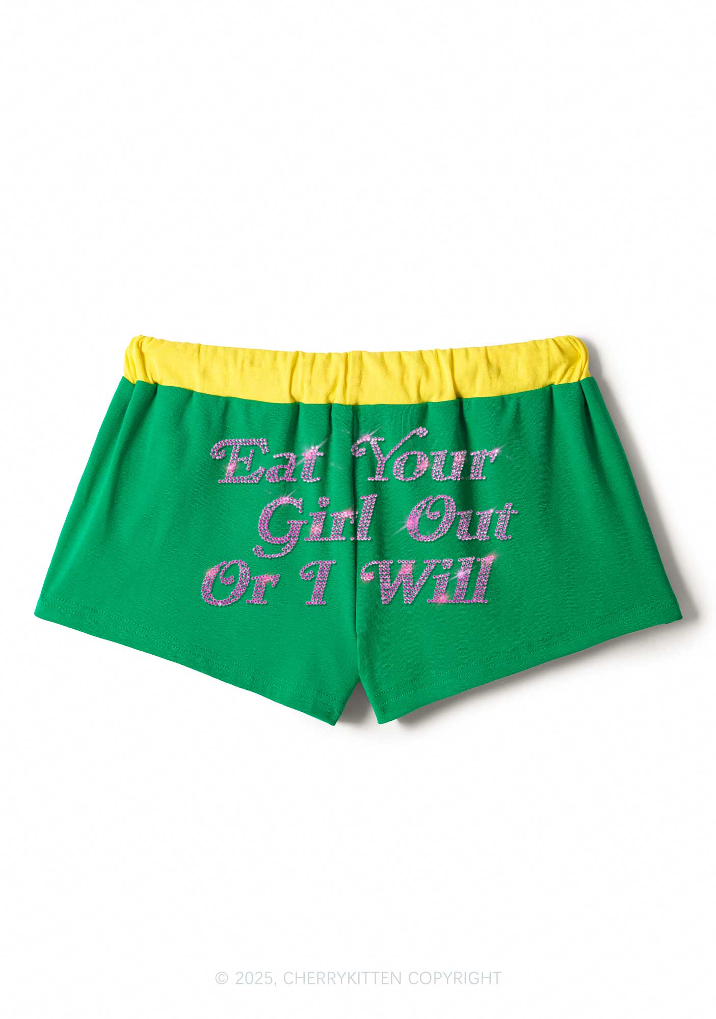 Rhinestone Eat Your Girl Out Y2K Drawstring Mini Shorts Cherrykitten