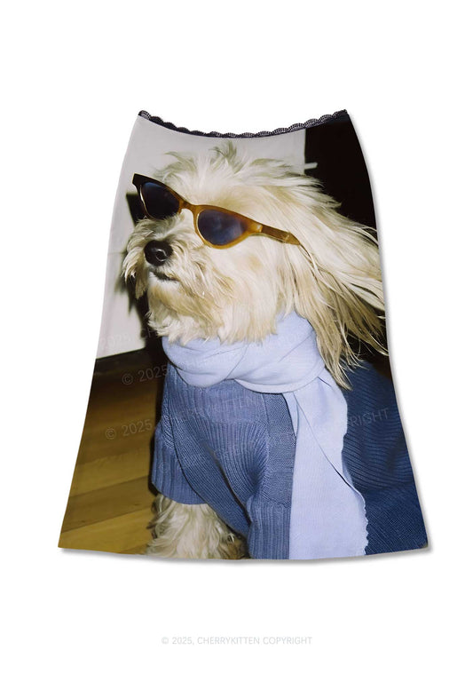 Sunglasses Puppy Y2K Print Midi Skirt Cherrykitten