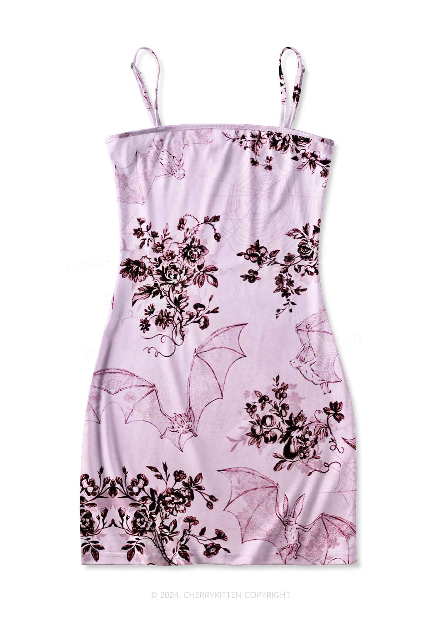 pink bat dress Pink Bat Print Halloween Dress: Gothic Fit & Flare Party Dress