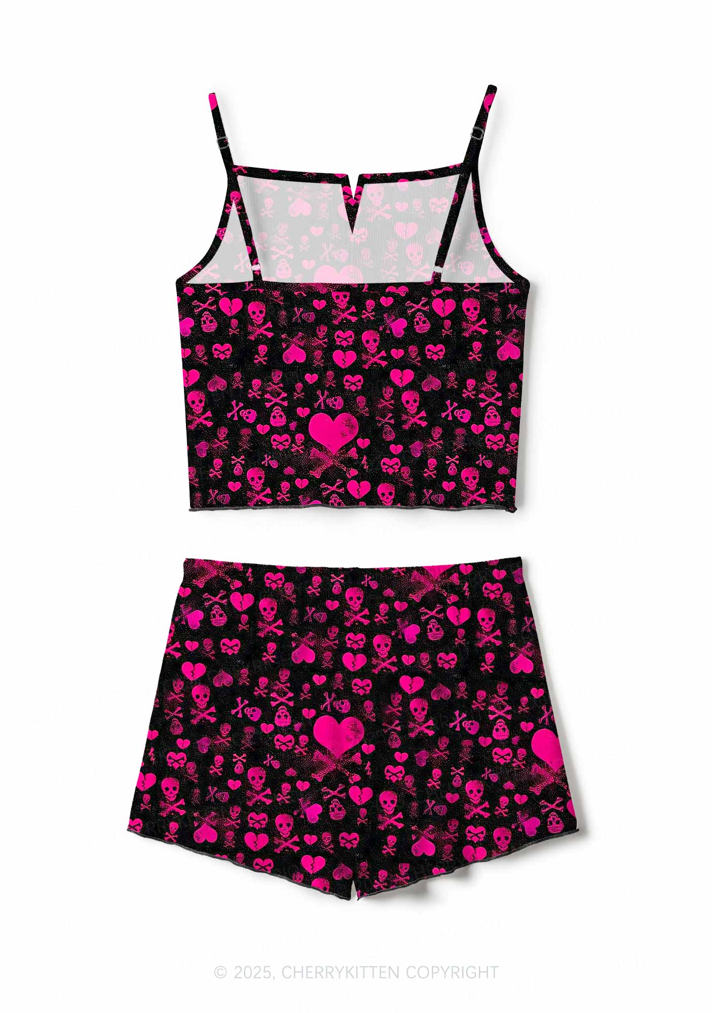 Skeleton Pink Love Valentine's Day Y2K Print Cami Shorts Pajama Set Cherrykitten