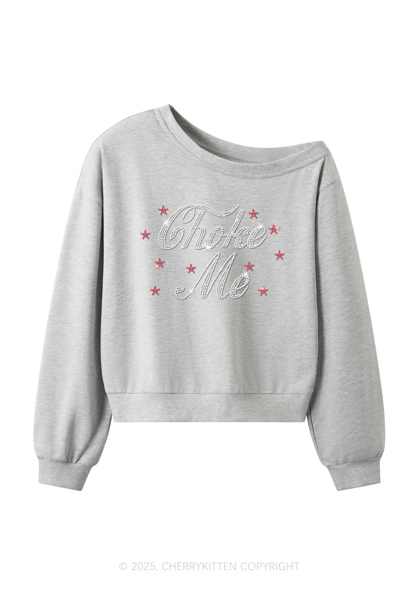 Rhinestone Choke Me Y2K Off Shoulder Sweatshirts Cherrykitten