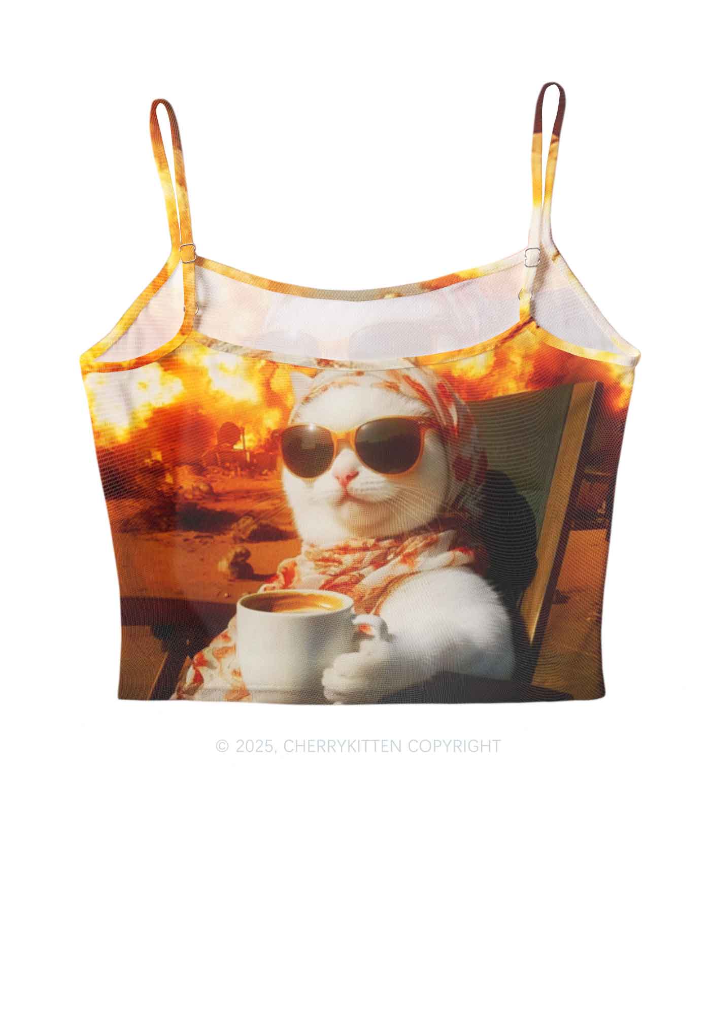 Cool Cat Enjoying Coffee Y2K Mesh Cami Tank Cherrykitten
