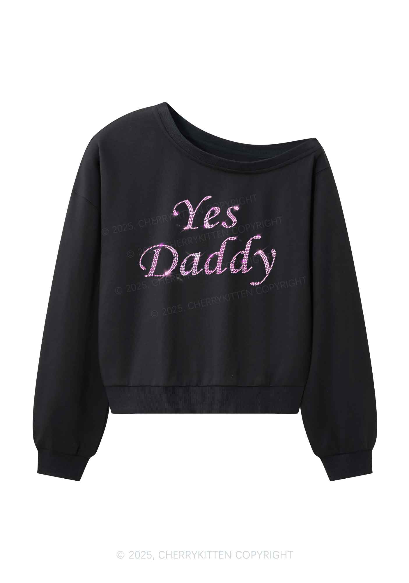 Rhinestone Yes Daddy Y2K Off Shoulder Sweatshirts Cherrykitten