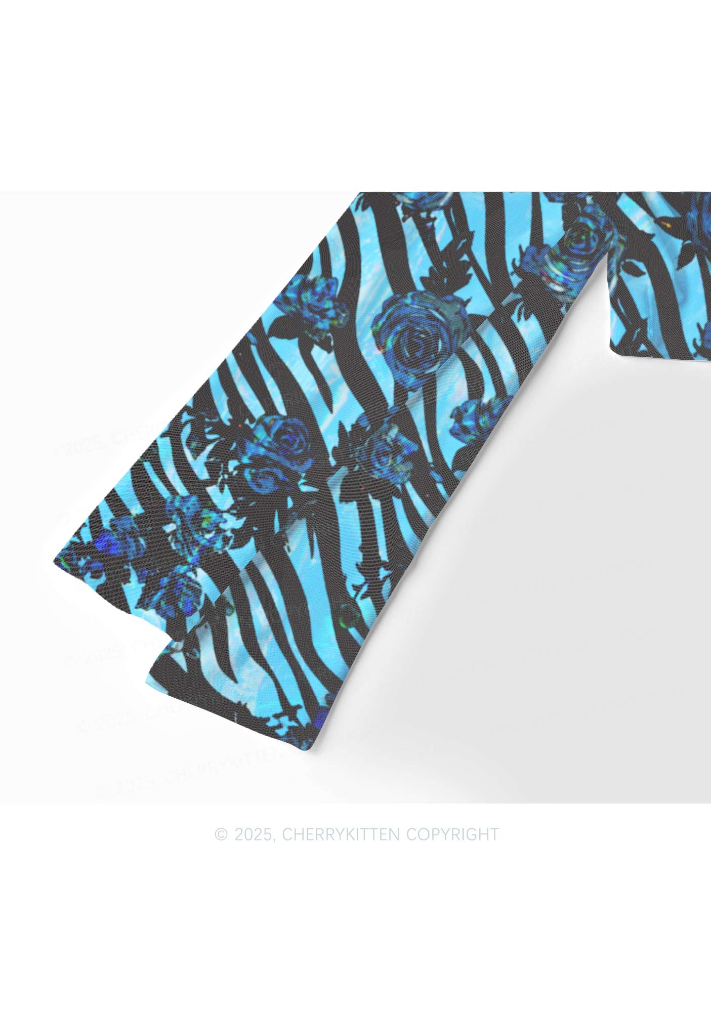 Blue Zebra Roses Y2K Mesh Long Sleeve Crop Top Cherrykitten