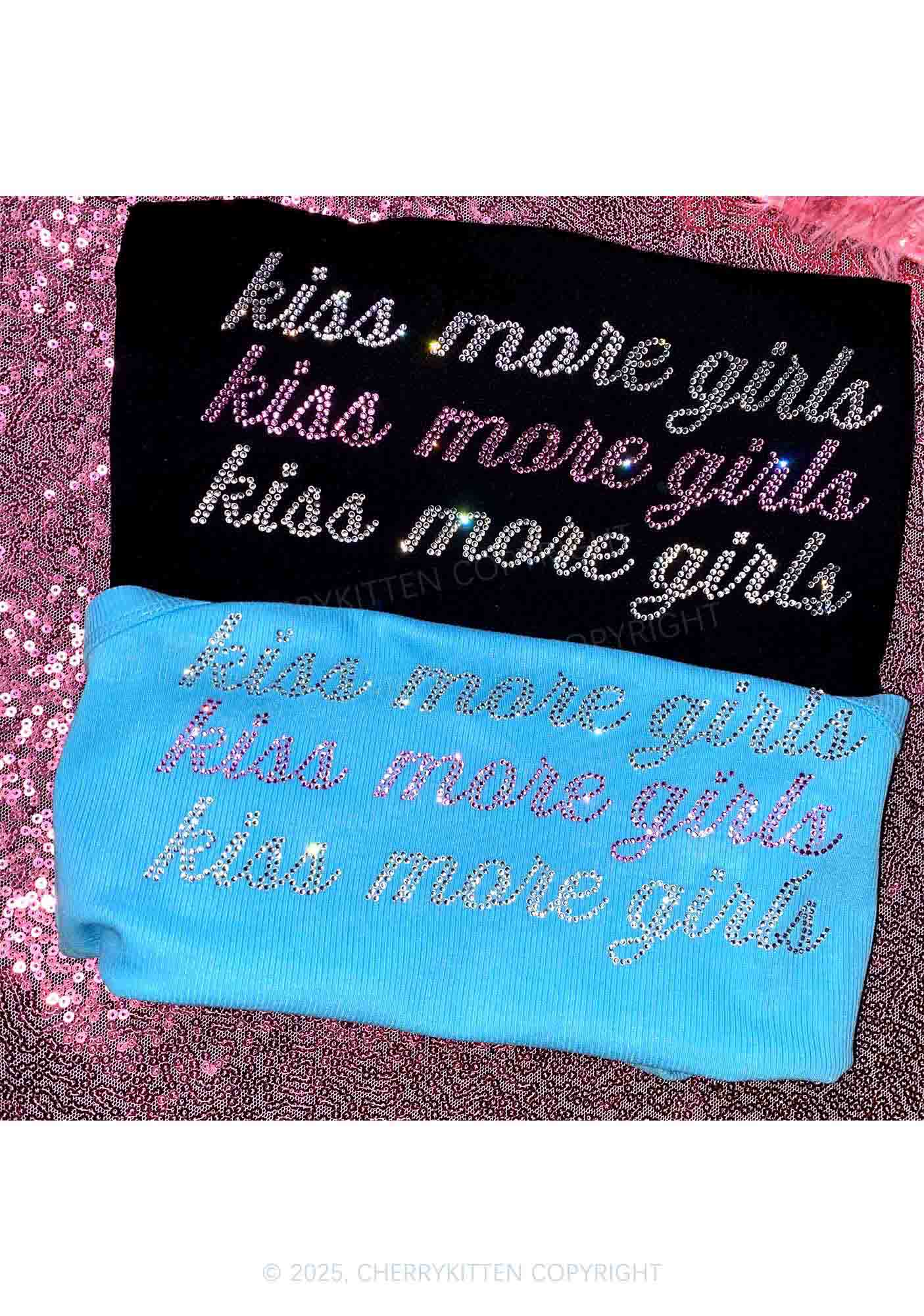 Rhinestone Kiss More Girls Pride Y2K Crop Tank Top Cherrykitten