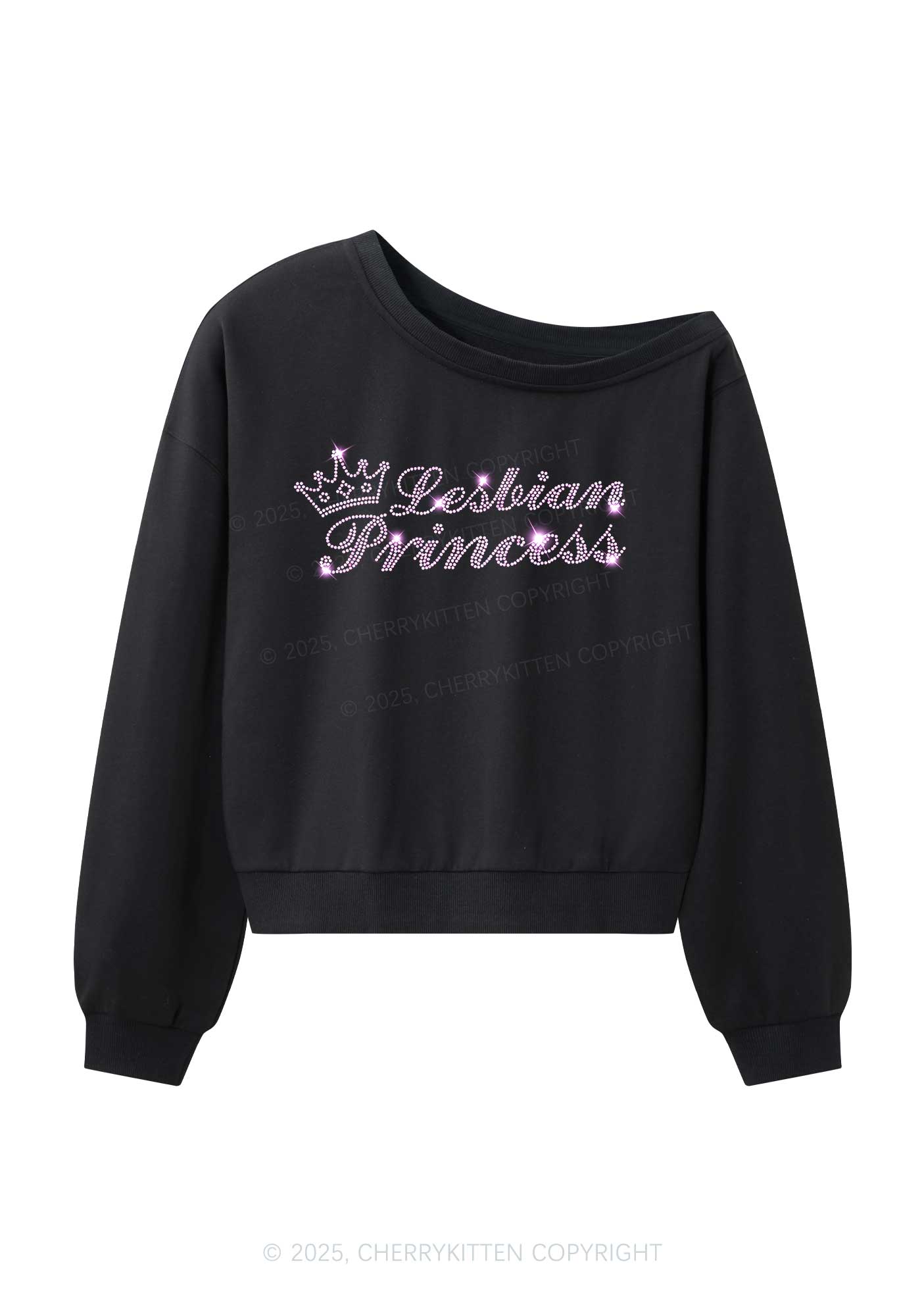 Rhinestone Lesbian Princess Pride Y2K Off Shoulder Sweatshirts Cherrykitten