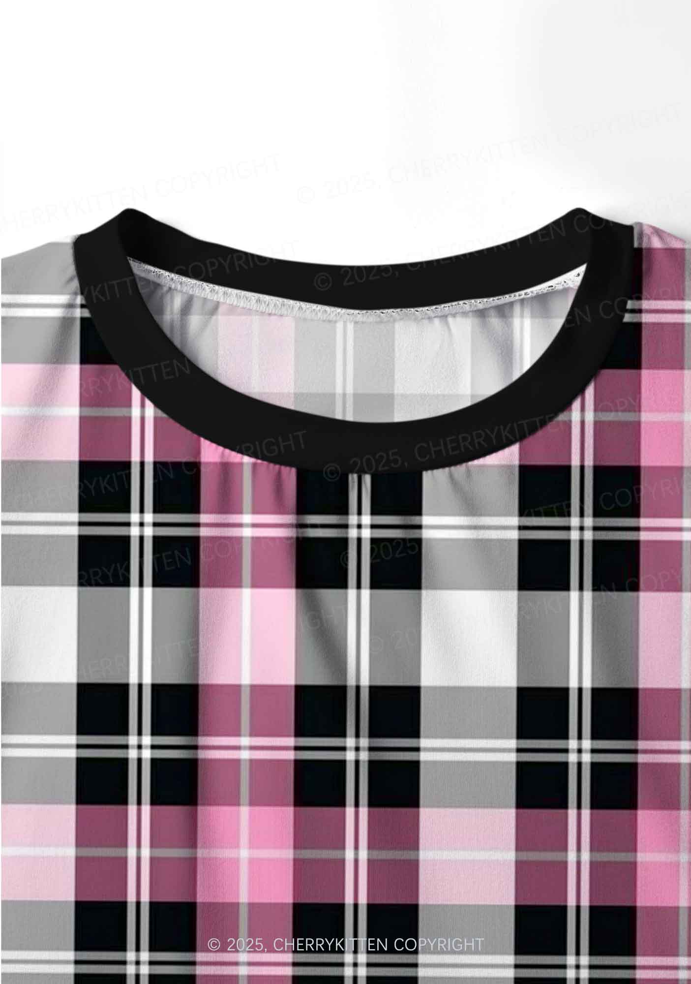 Pink And White Plaid Y2K Print Long Sleeve Pajama Set Cherrykitten