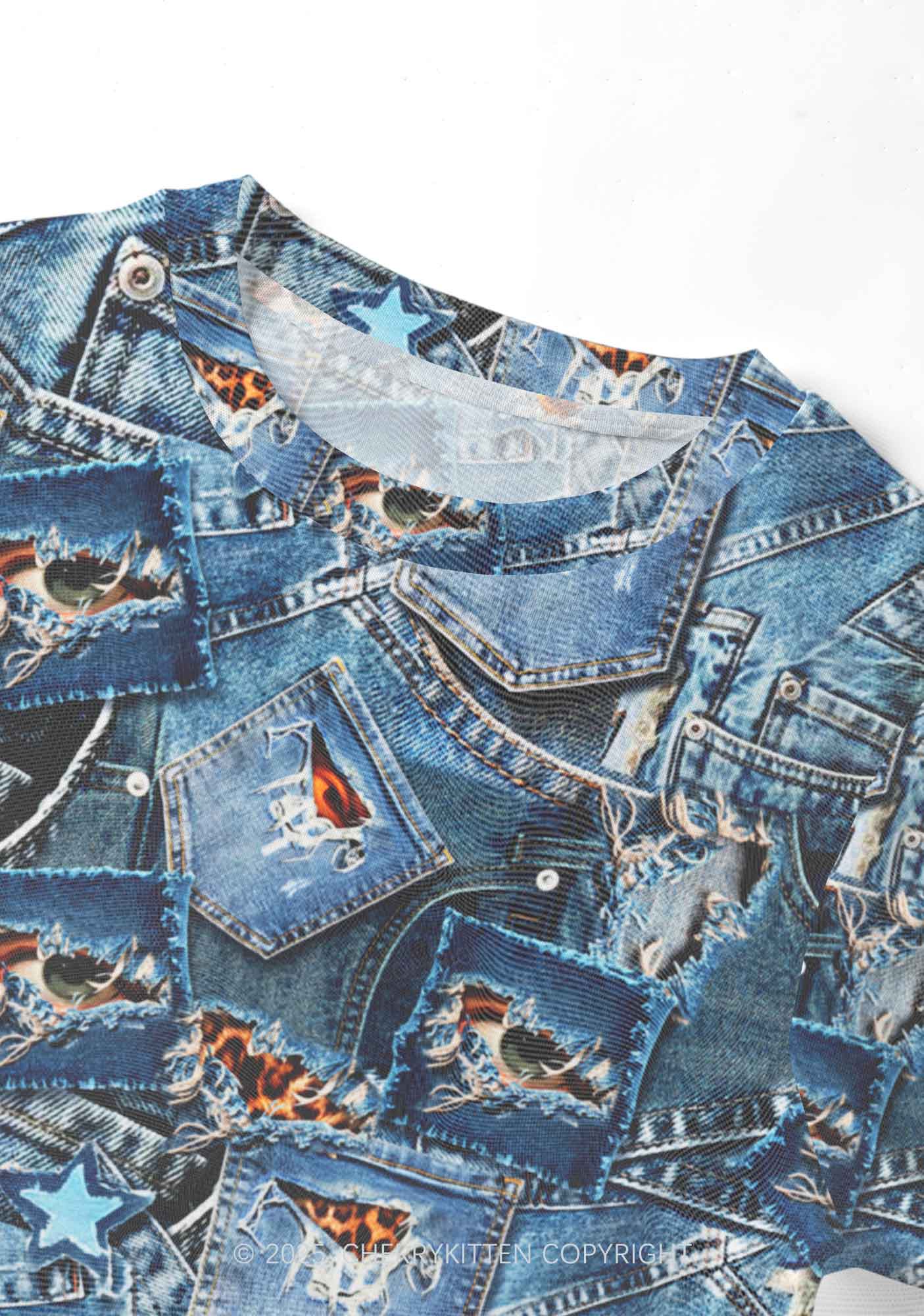 Denim Patchwork Y2K Mesh Crop Top Cherrykitten