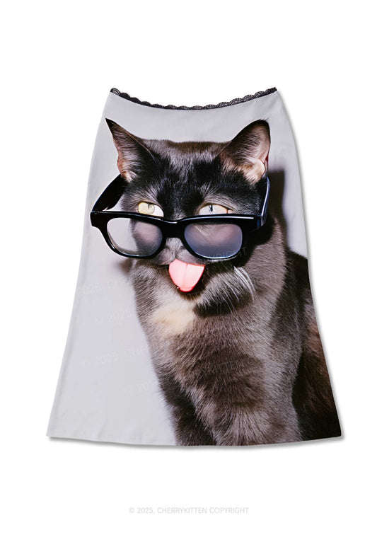Glasses Cat Y2K Print Midi Skirt Cherrykitten