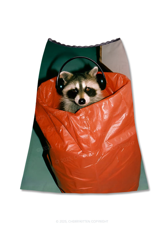 Raccoon With Headphones Y2K Print Midi Skirt Cherrykitten