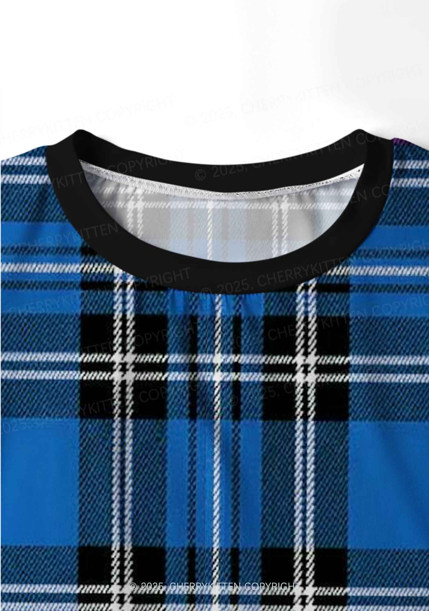 Blue Plaid Y2K Print Long Sleeve Pajama Set Cherrykitten