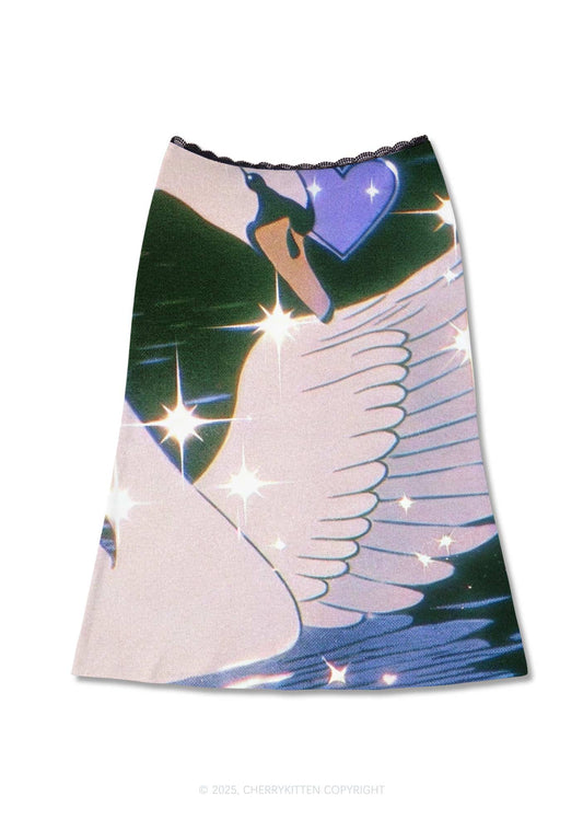 Glitter Swan Y2K Print Midi Skirt Cherrykitten