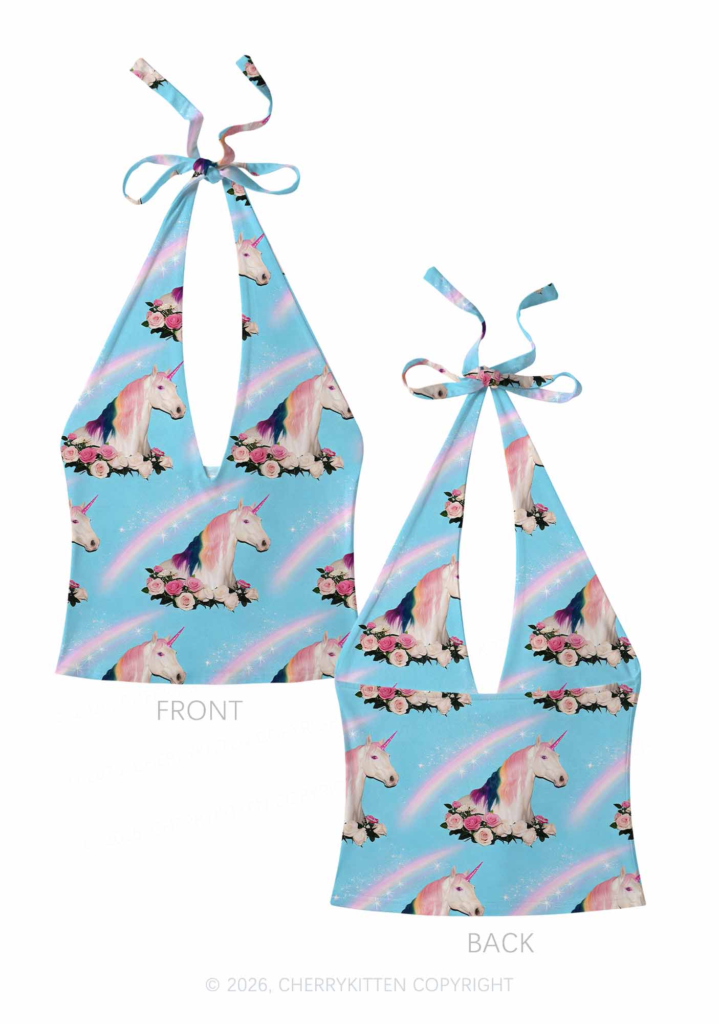 Blue Unicorn Y2K Print Halter Deep V Neck Cami Cherrykitten