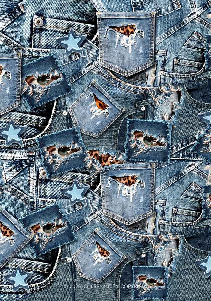 Denim Patchwork Y2K Print Slip Dress Cherrykitten