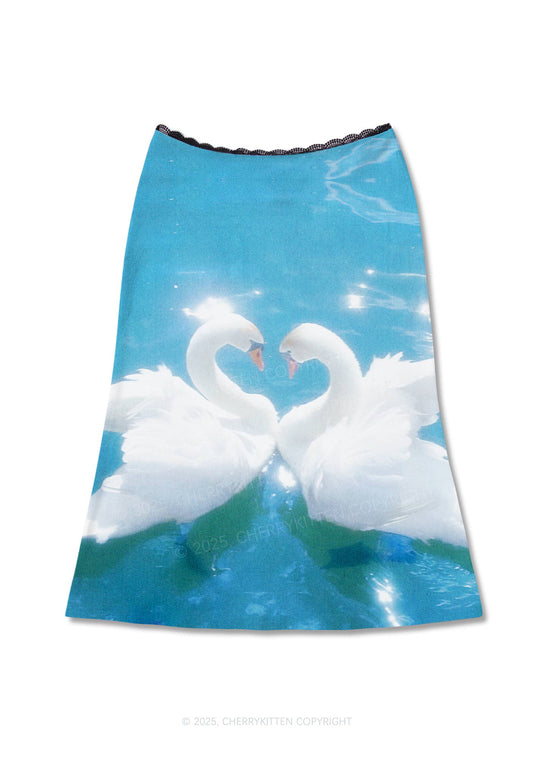Swan Lovers Y2K Print Midi Skirt Cherrykitten