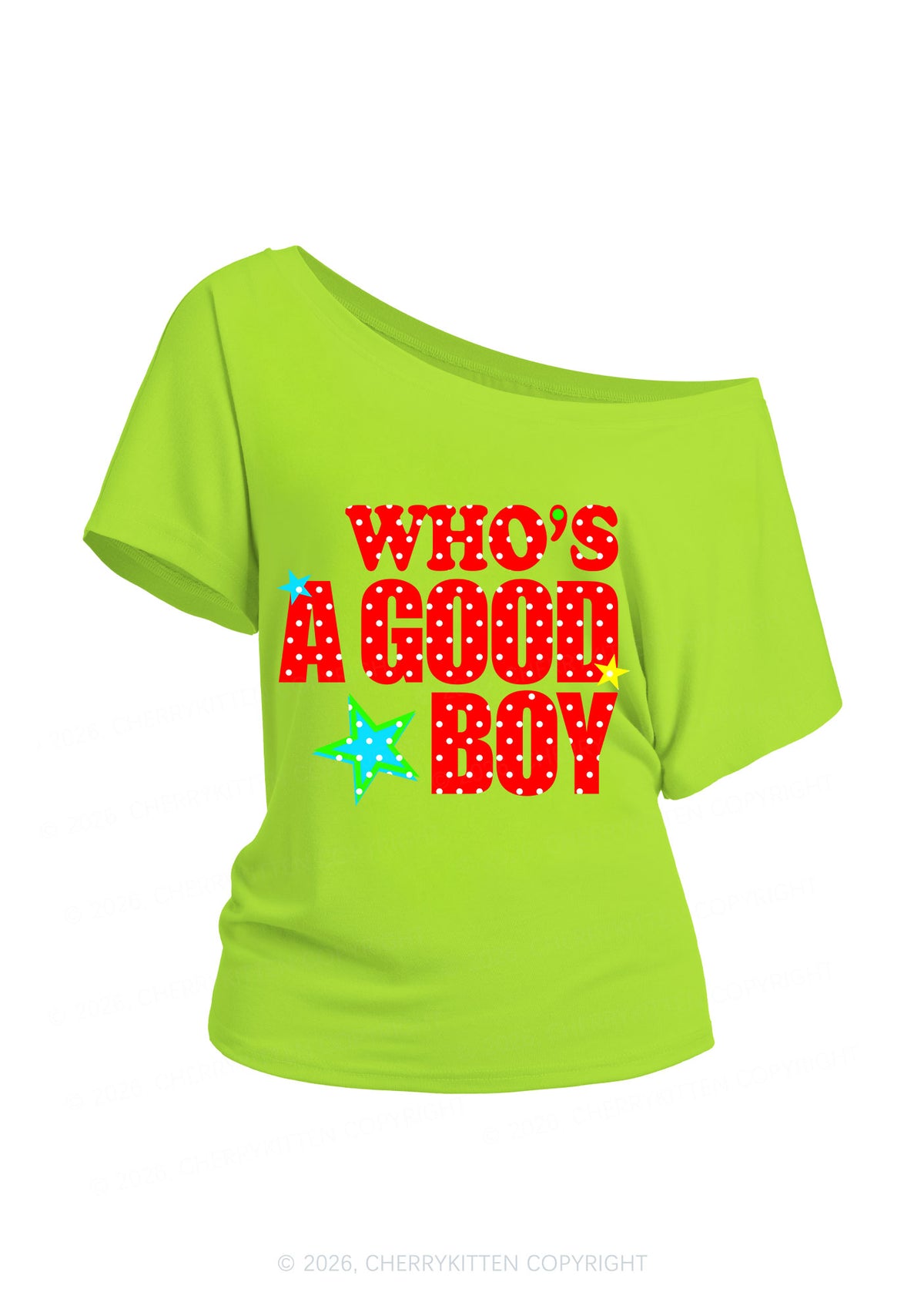 Whos A Good Boy Polka Dots Y2K Off Shoulder Tee Cherrykitten