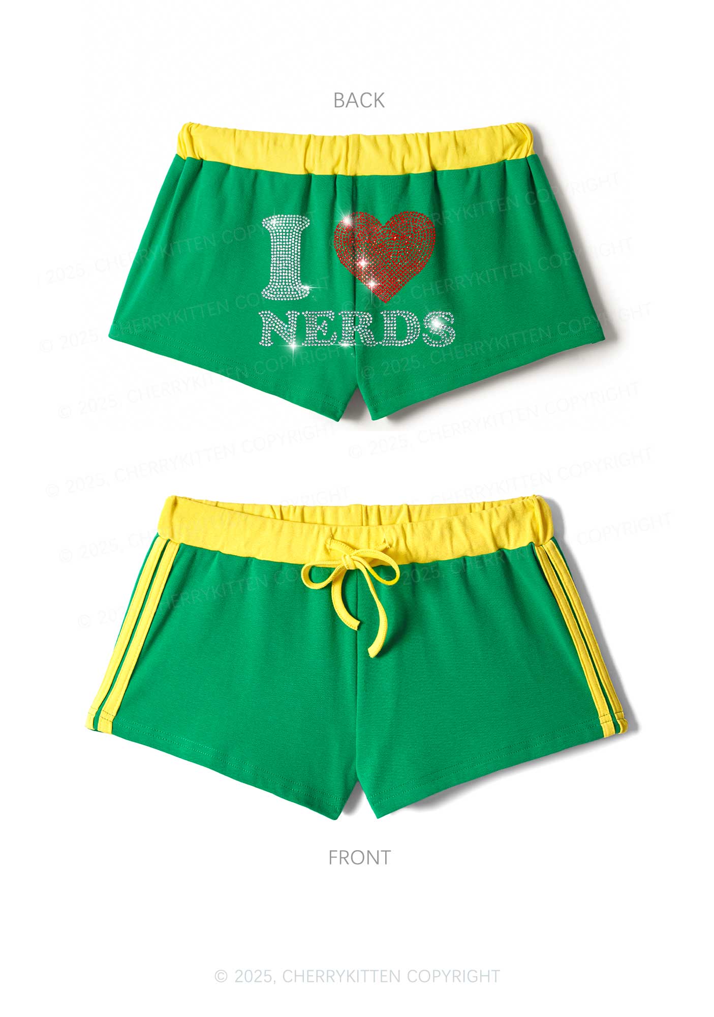 Rhinestone I Love Nerds Y2K Drawstring Mini Shorts Cherrykitten